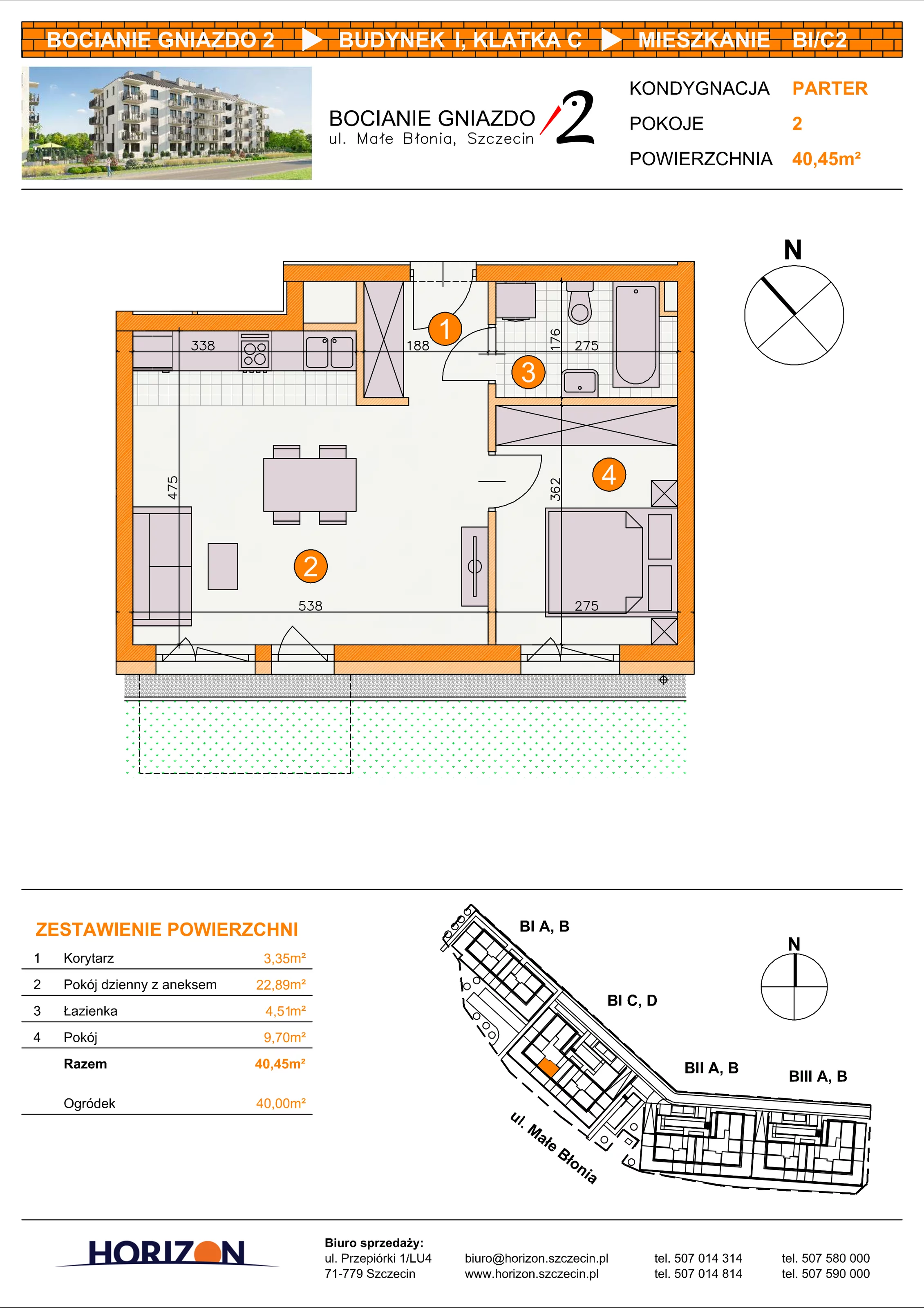 2 pokoje, mieszkanie 40,45 m², parter, oferta nr BI/C2, Bocianie Gniazdo 2, Szczecin, Północ, Żelechowa, ul. Małe Błonia