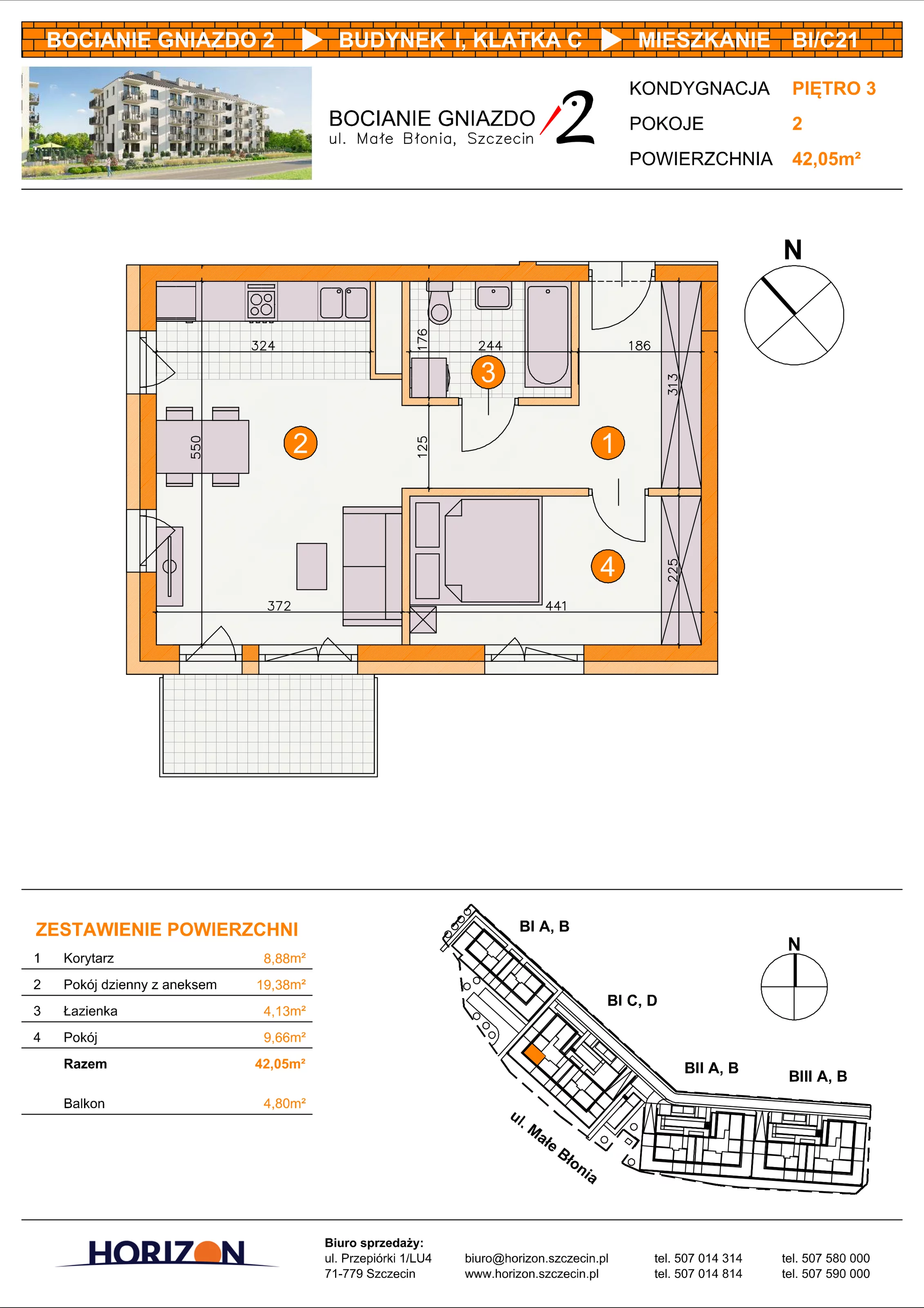 2 pokoje, mieszkanie 42,05 m², piętro 3, oferta nr BI/C21, Bocianie Gniazdo 2, Szczecin, Północ, Żelechowa, ul. Małe Błonia