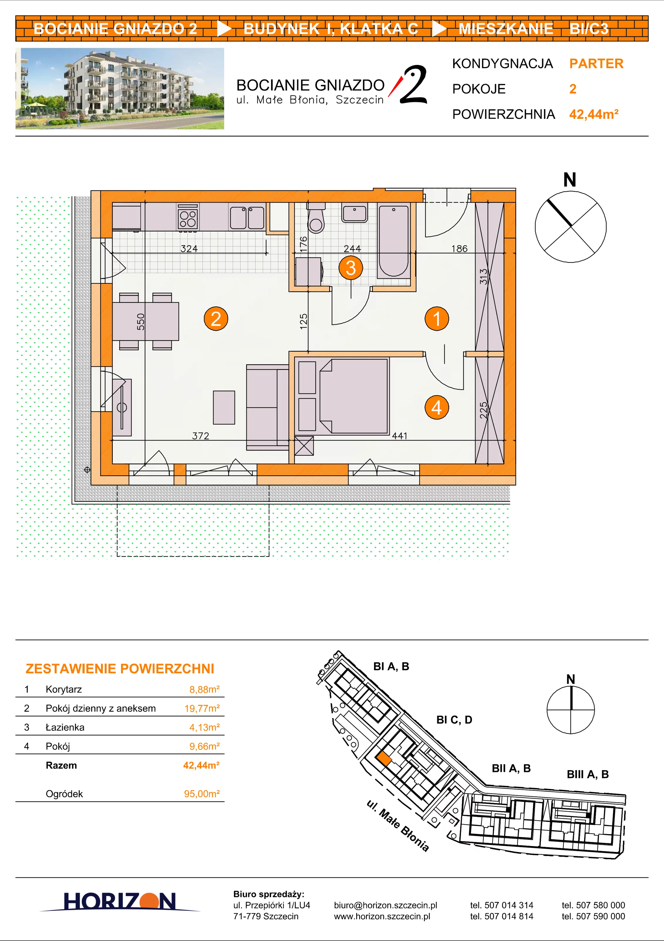 2 pokoje, mieszkanie 42,44 m², parter, oferta nr BI/C3, Bocianie Gniazdo 2, Szczecin, Północ, Żelechowa, ul. Małe Błonia