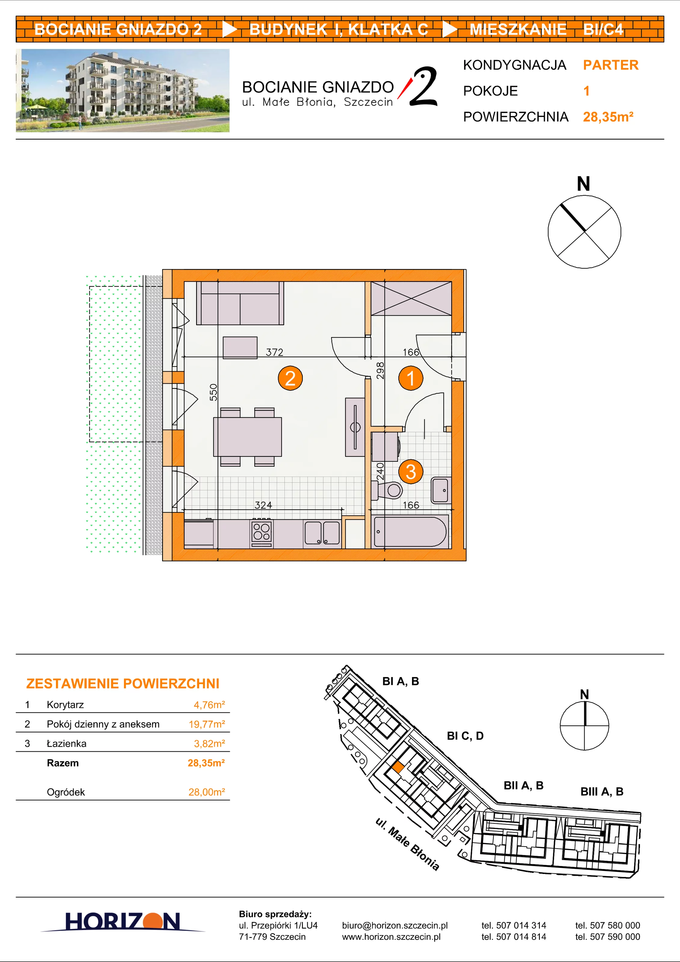 1 pokój, mieszkanie 28,35 m², parter, oferta nr BI/C4, Bocianie Gniazdo 2, Szczecin, Północ, Żelechowa, ul. Małe Błonia