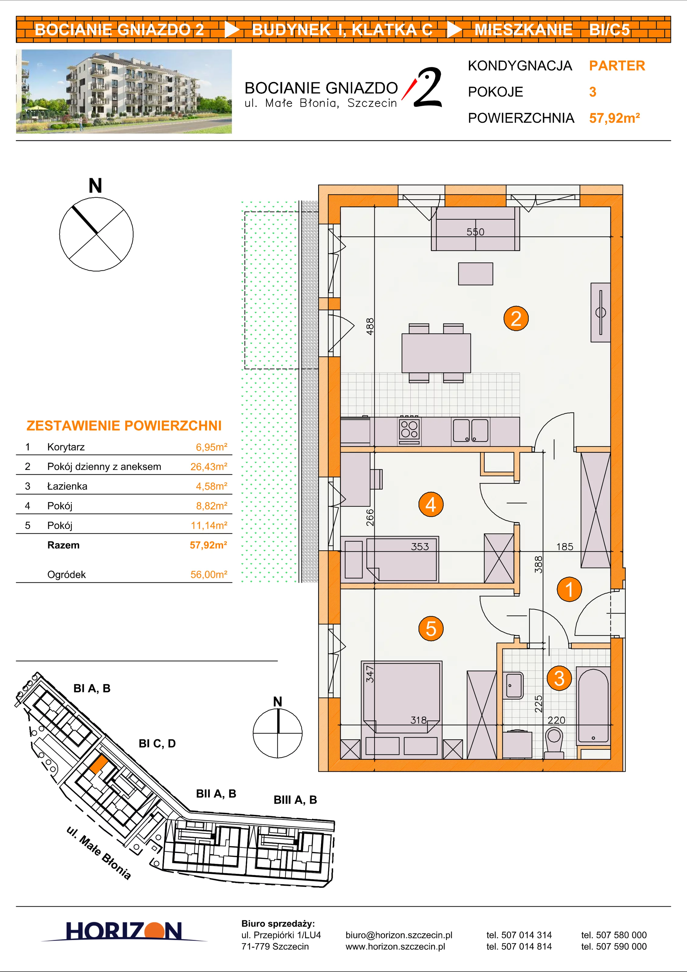 3 pokoje, mieszkanie 57,92 m², parter, oferta nr BI/C5, Bocianie Gniazdo 2, Szczecin, Północ, Żelechowa, ul. Małe Błonia