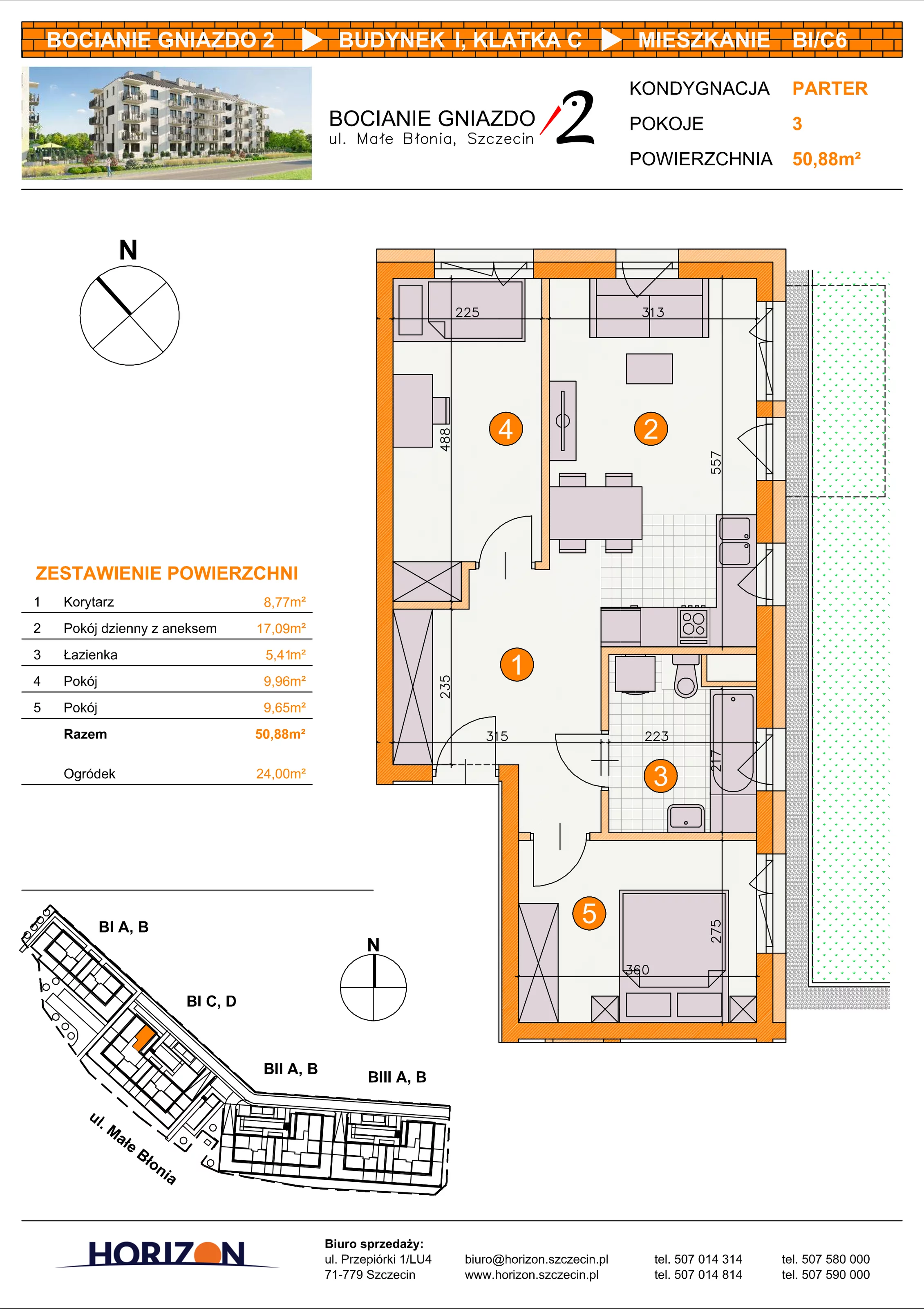 3 pokoje, mieszkanie 50,88 m², parter, oferta nr BI/C6, Bocianie Gniazdo 2, Szczecin, Północ, Żelechowa, ul. Małe Błonia