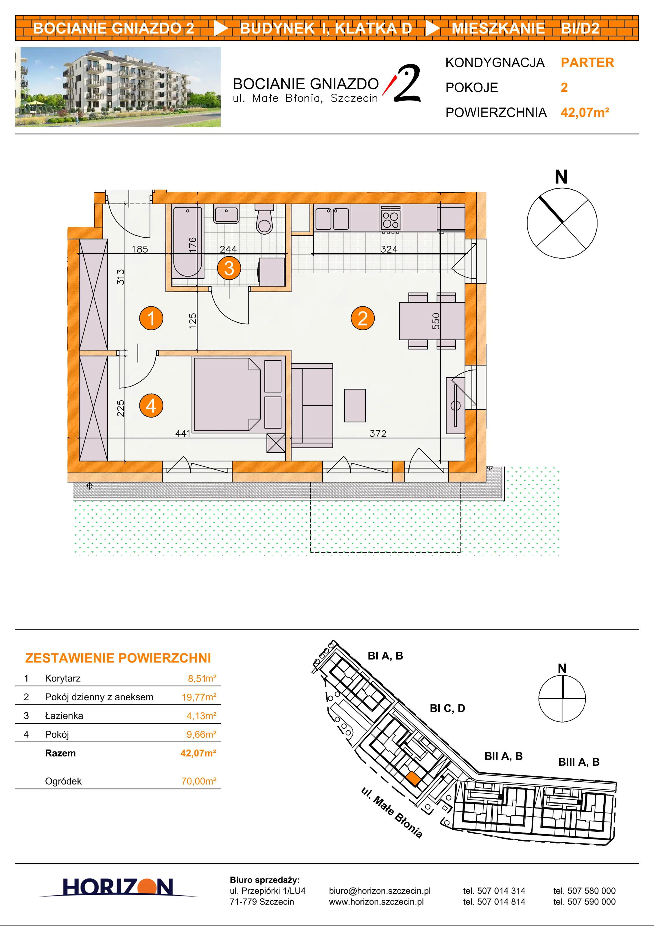 2 pokoje, mieszkanie 42,07 m², parter, oferta nr BI/D2, Bocianie Gniazdo 2, Szczecin, Północ, Żelechowa, ul. Małe Błonia