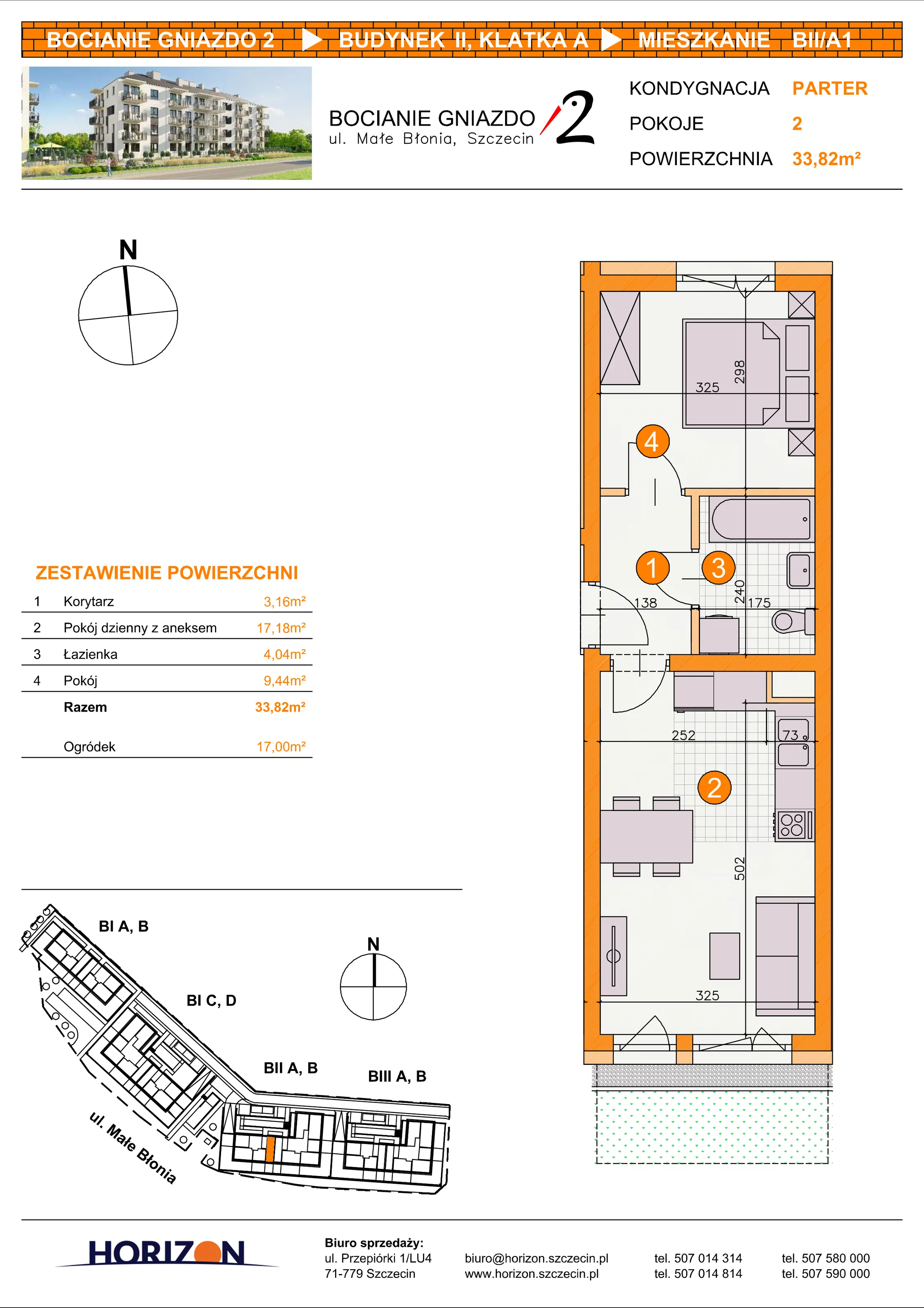 2 pokoje, mieszkanie 33,82 m², parter, oferta nr BII/A1, Bocianie Gniazdo 2, Szczecin, Północ, Żelechowa, ul. Małe Błonia