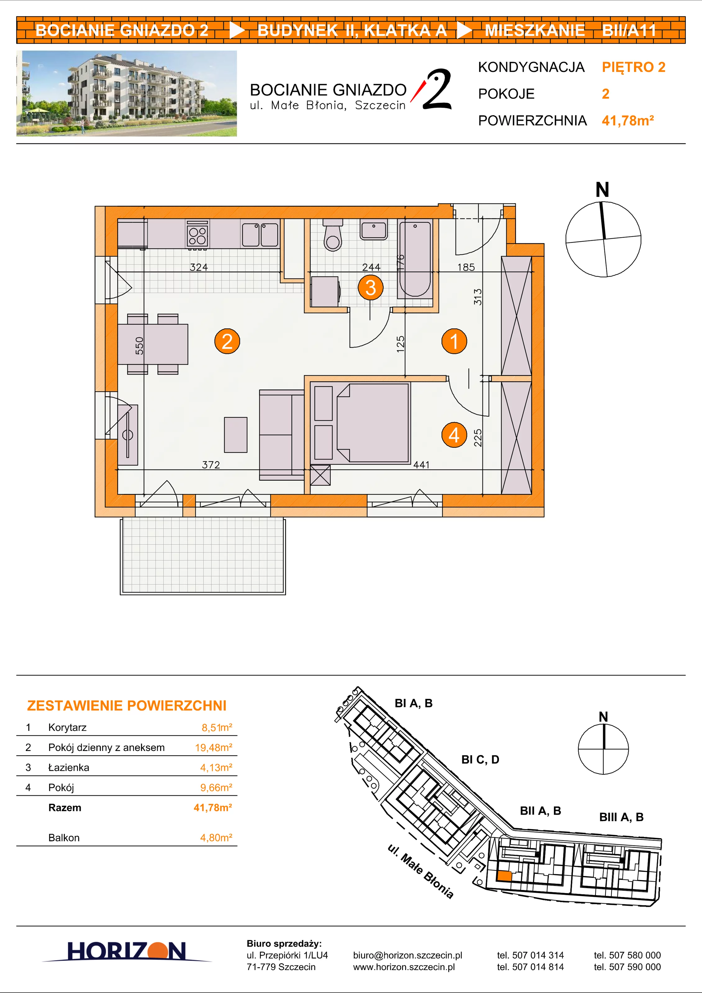 2 pokoje, mieszkanie 41,78 m², piętro 2, oferta nr BII/A11, Bocianie Gniazdo 2, Szczecin, Północ, Żelechowa, ul. Małe Błonia