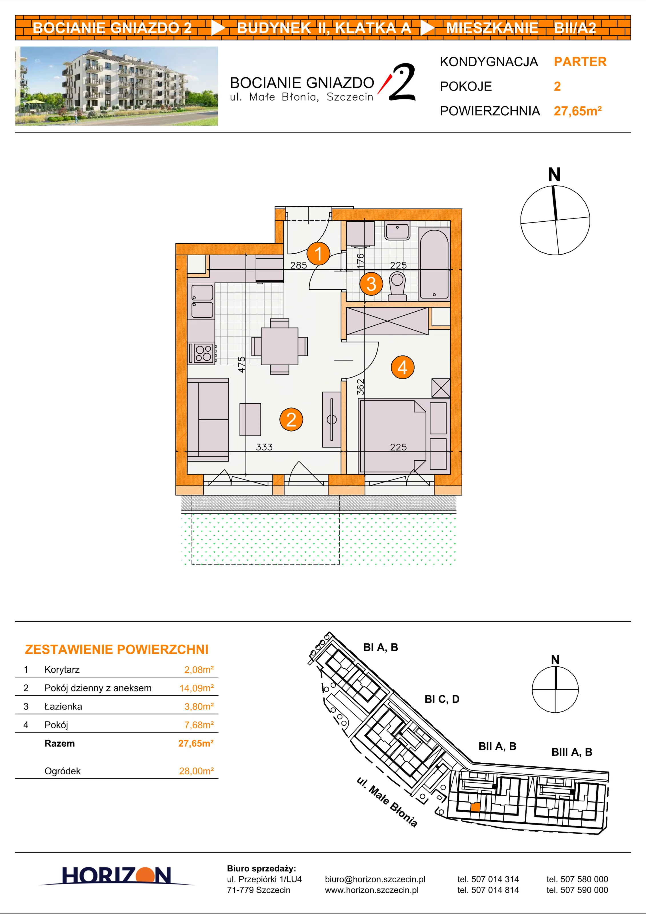 2 pokoje, mieszkanie 27,65 m², parter, oferta nr BII/A2, Bocianie Gniazdo 2, Szczecin, Północ, Żelechowa, ul. Małe Błonia