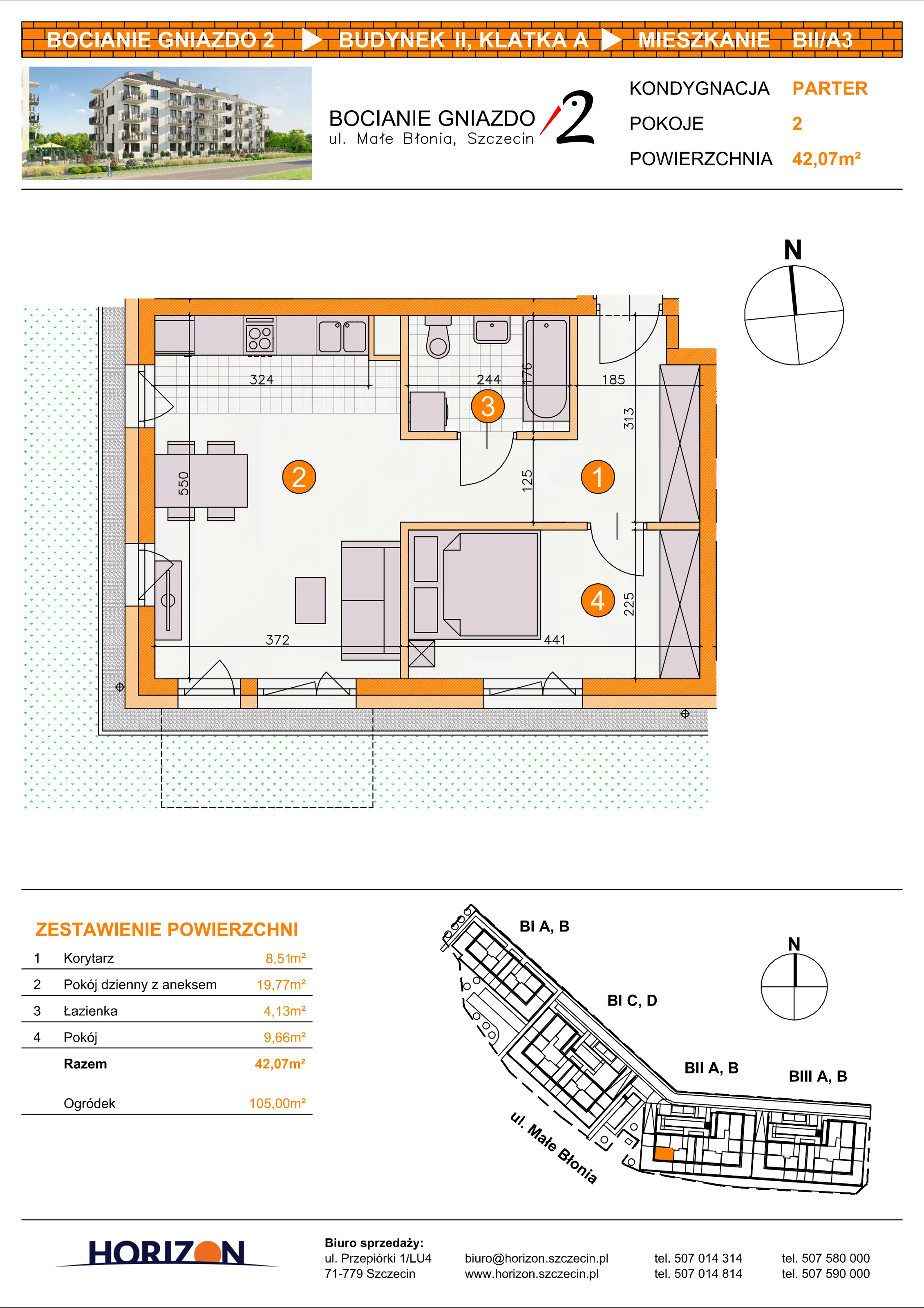 2 pokoje, mieszkanie 42,07 m², parter, oferta nr BII/A3, Bocianie Gniazdo 2, Szczecin, Północ, Żelechowa, ul. Małe Błonia