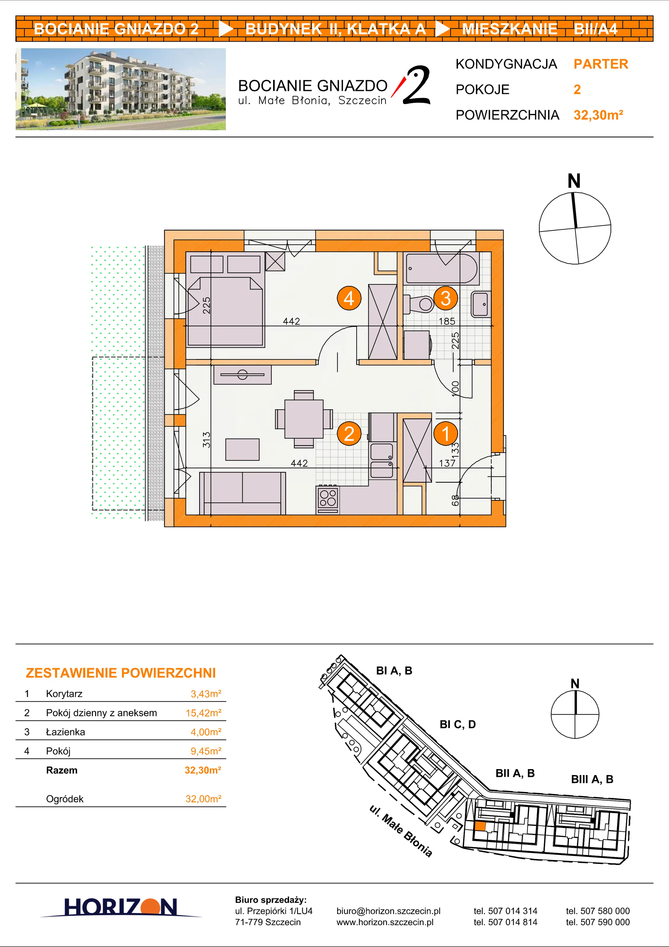 2 pokoje, mieszkanie 32,30 m², parter, oferta nr BII/A4, Bocianie Gniazdo 2, Szczecin, Północ, Żelechowa, ul. Małe Błonia