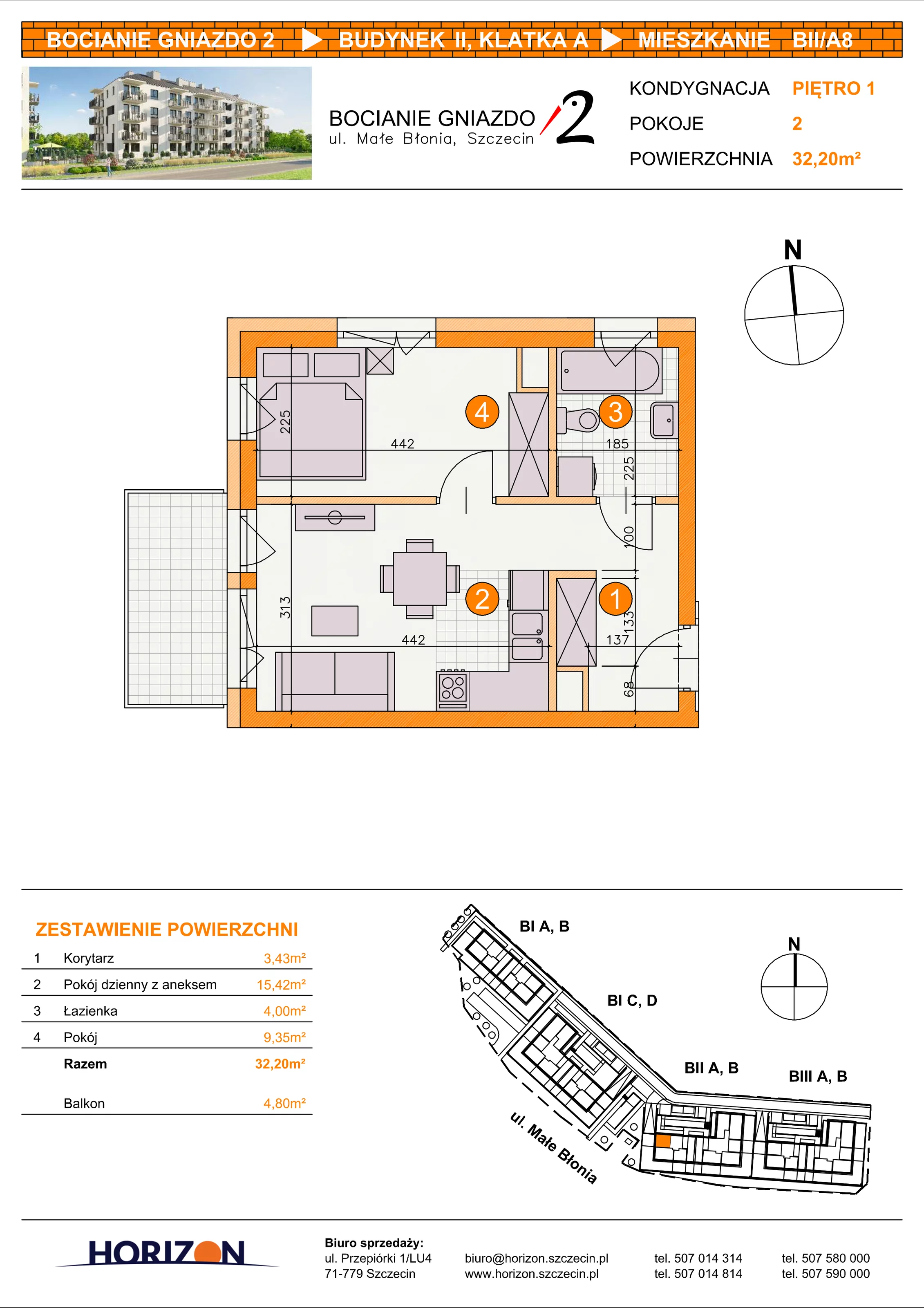 2 pokoje, mieszkanie 32,20 m², piętro 1, oferta nr BII/A8, Bocianie Gniazdo 2, Szczecin, Północ, Żelechowa, ul. Małe Błonia