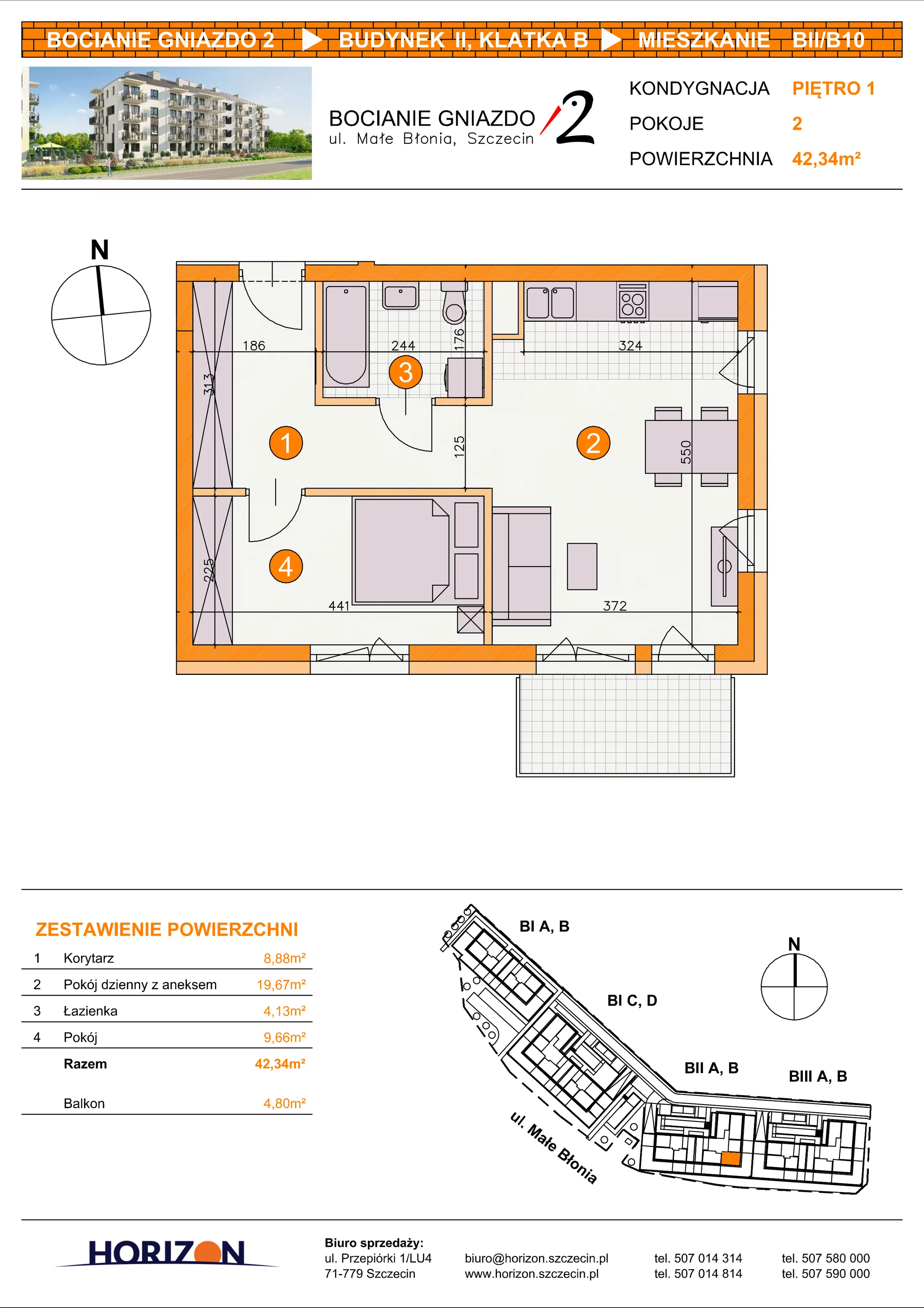 2 pokoje, mieszkanie 42,34 m², piętro 1, oferta nr BII/B10, Bocianie Gniazdo 2, Szczecin, Północ, Żelechowa, ul. Małe Błonia