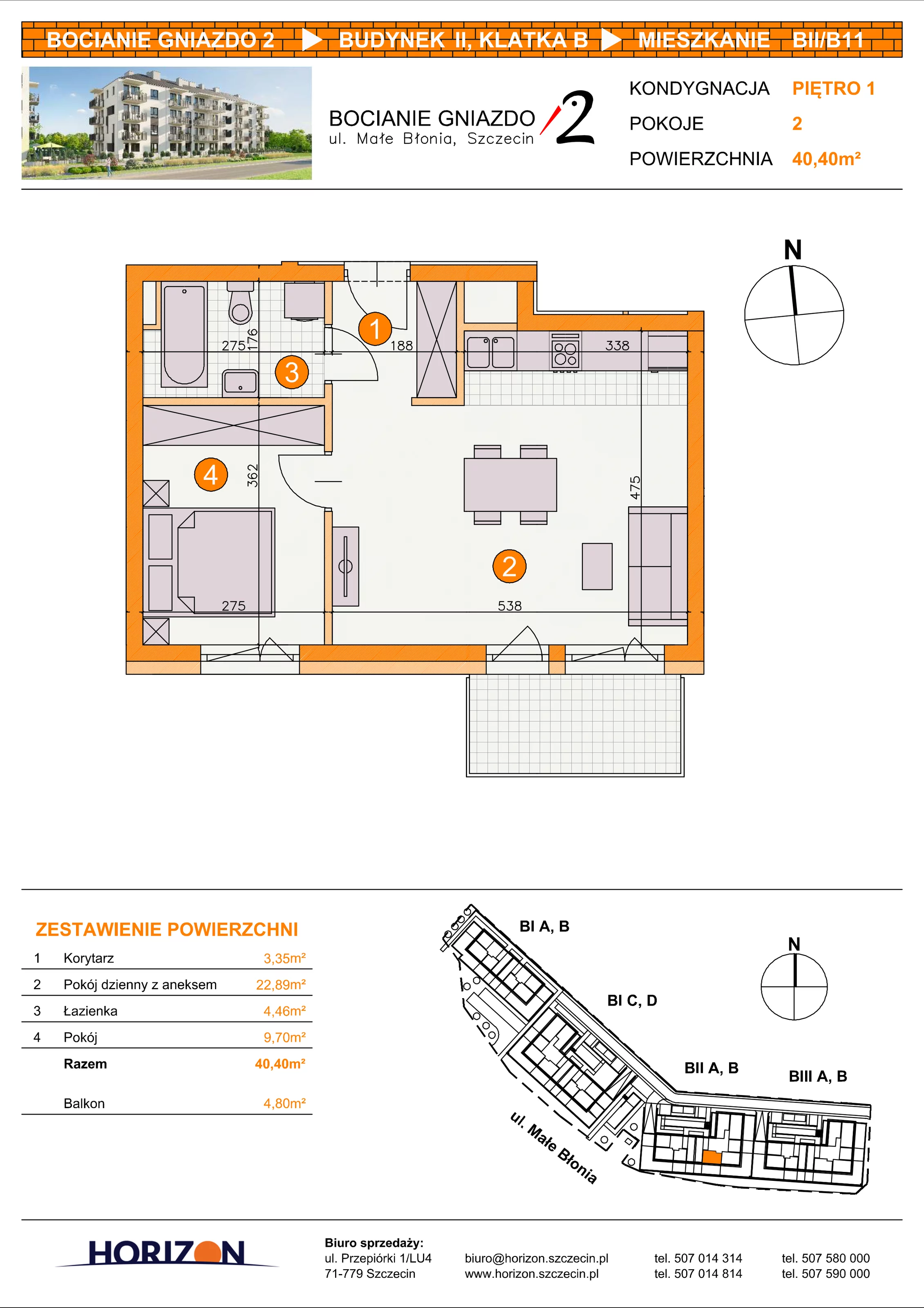 2 pokoje, mieszkanie 40,40 m², piętro 1, oferta nr BII/B11, Bocianie Gniazdo 2, Szczecin, Północ, Żelechowa, ul. Małe Błonia