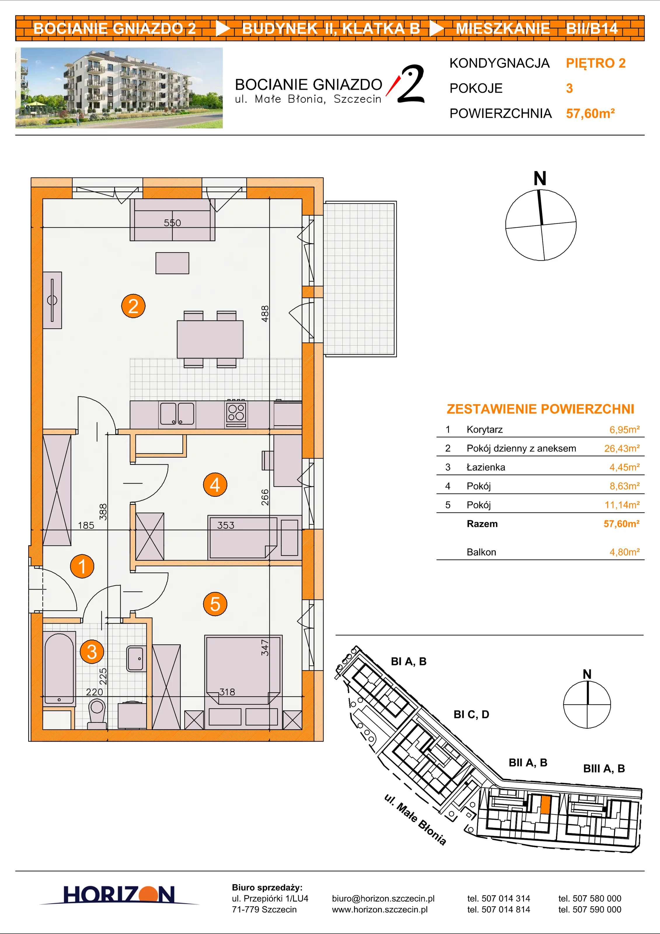 3 pokoje, mieszkanie 57,60 m², piętro 2, oferta nr BII/B14, Bocianie Gniazdo 2, Szczecin, Północ, Żelechowa, ul. Małe Błonia