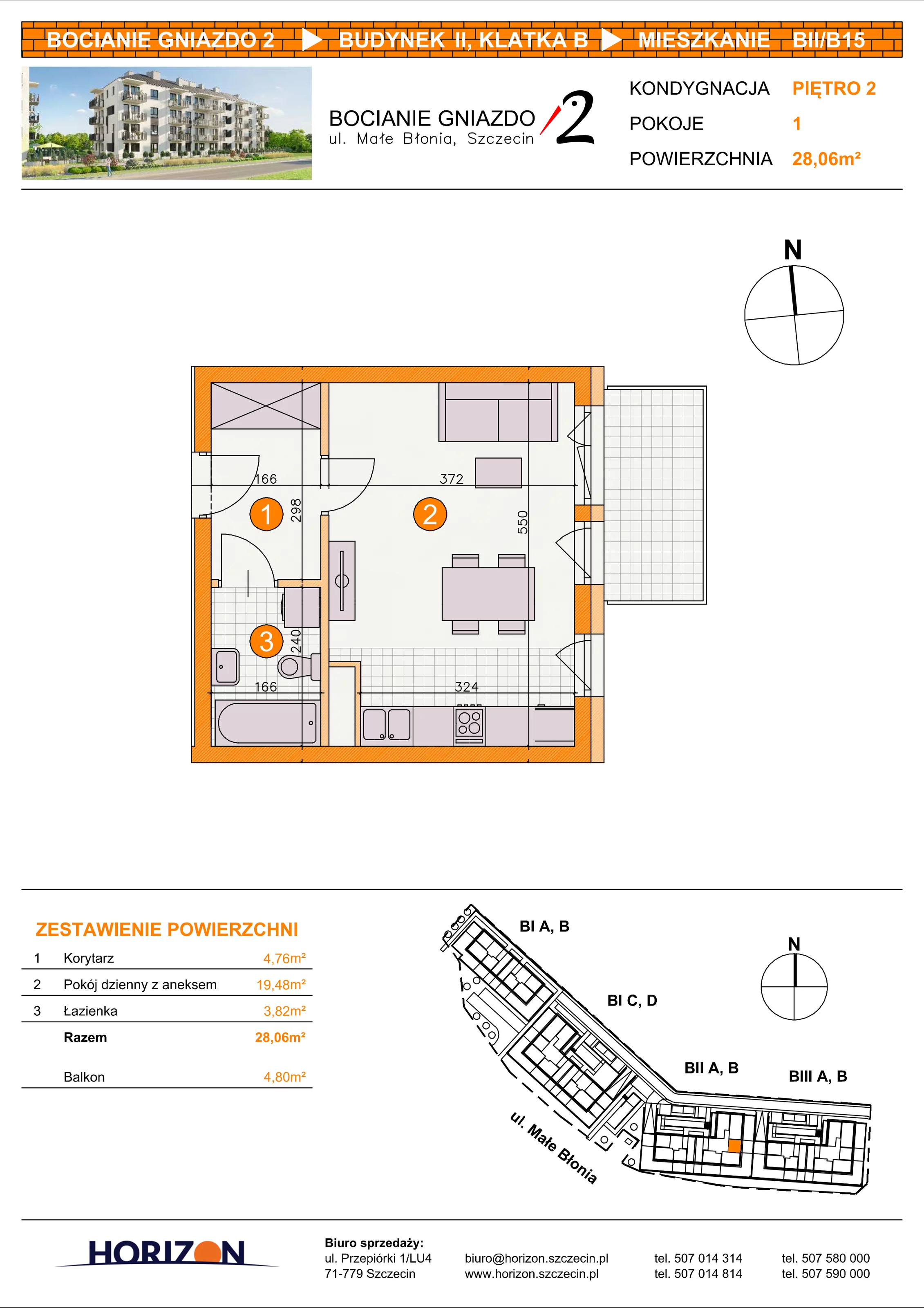 1 pokój, mieszkanie 28,06 m², piętro 2, oferta nr BII/B15, Bocianie Gniazdo 2, Szczecin, Północ, Żelechowa, ul. Małe Błonia