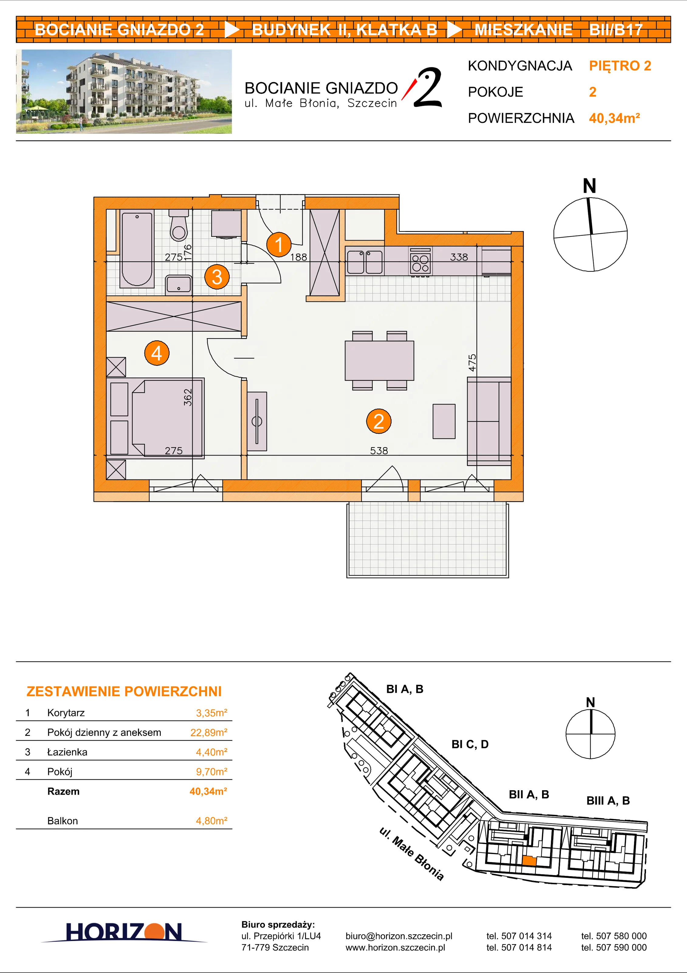 2 pokoje, mieszkanie 40,34 m², piętro 2, oferta nr BII/B17, Bocianie Gniazdo 2, Szczecin, Północ, Żelechowa, ul. Małe Błonia