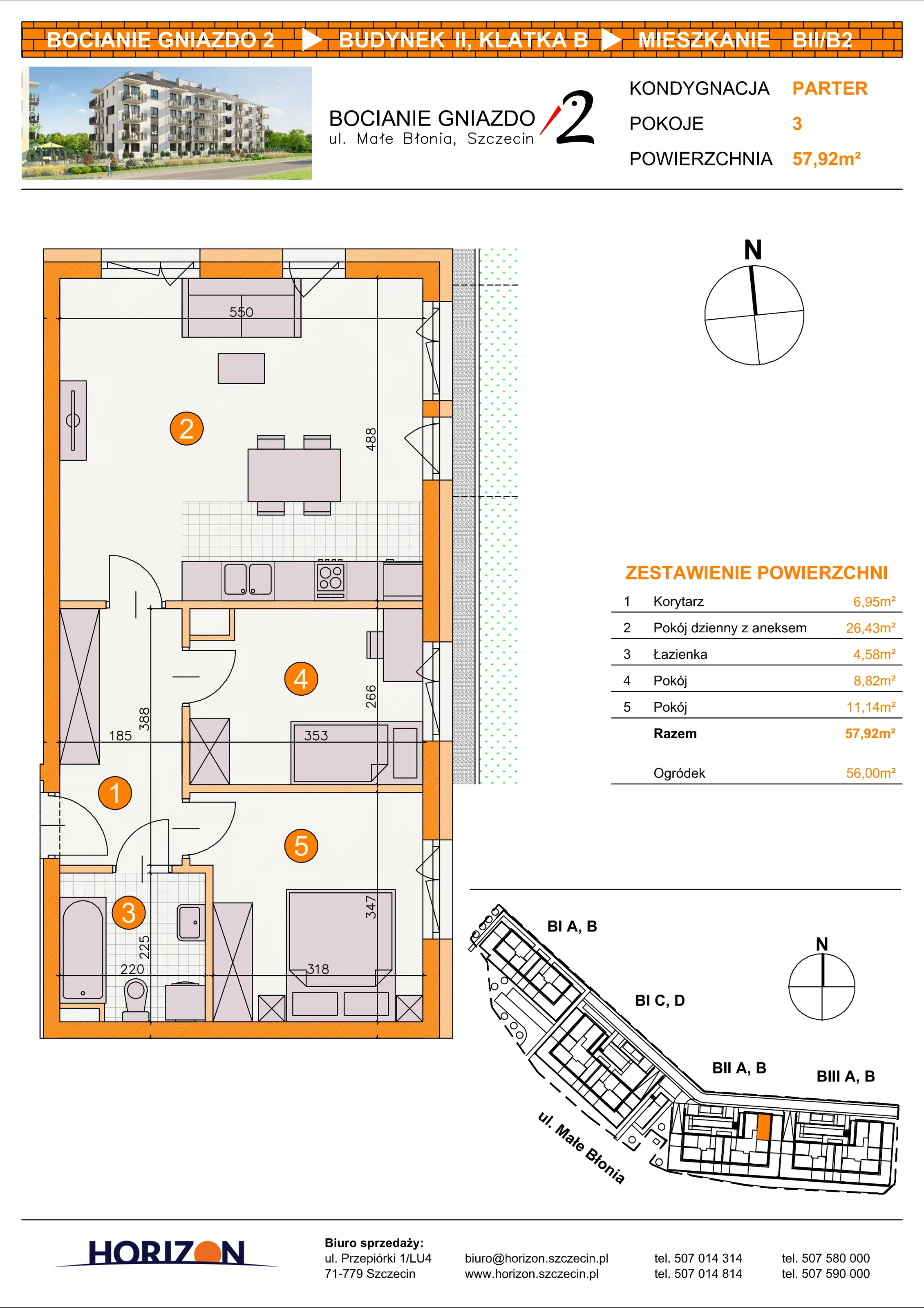 3 pokoje, mieszkanie 57,92 m², parter, oferta nr BII/B2, Bocianie Gniazdo 2, Szczecin, Północ, Żelechowa, ul. Małe Błonia