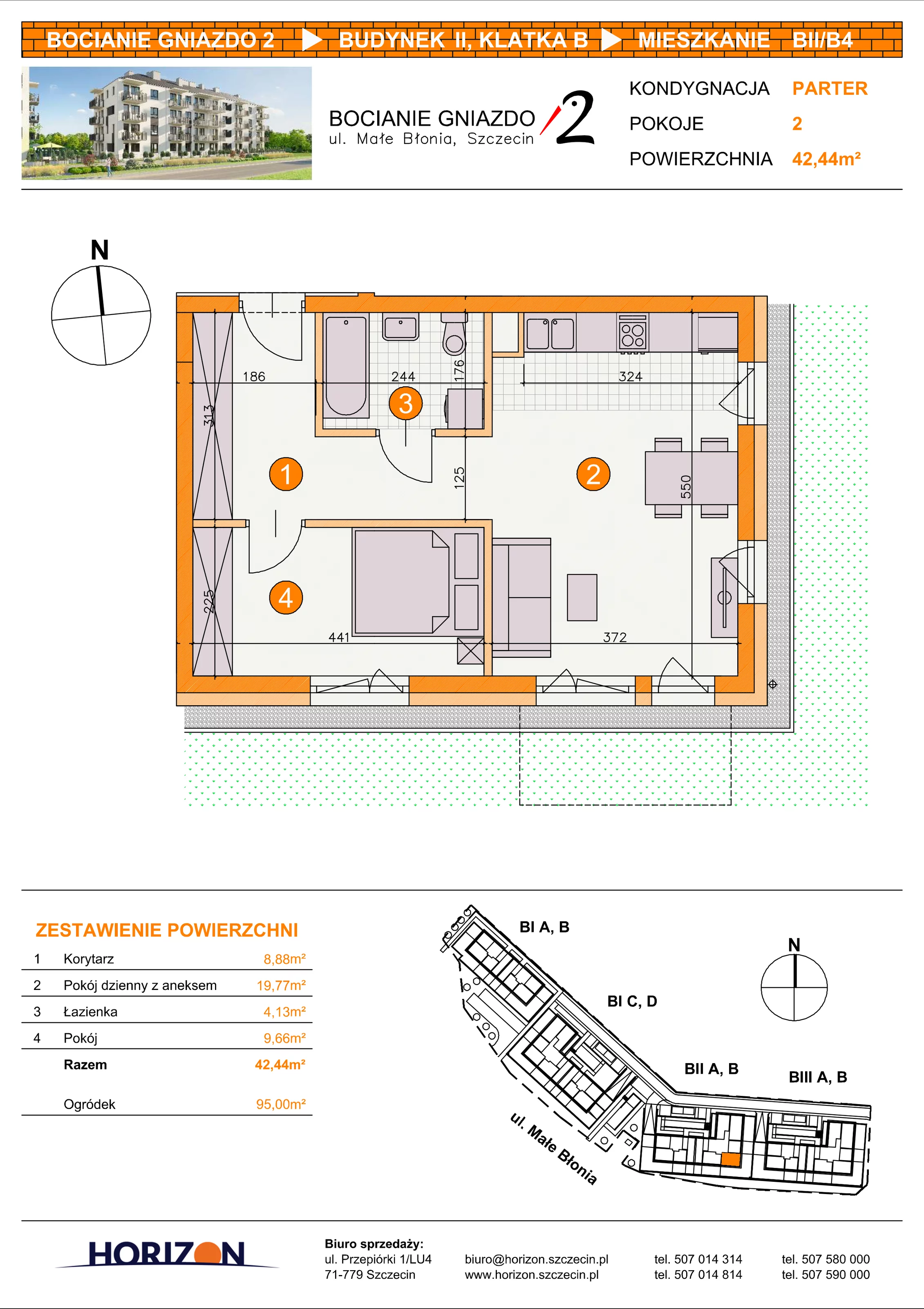 2 pokoje, mieszkanie 42,44 m², parter, oferta nr BII/B4, Bocianie Gniazdo 2, Szczecin, Północ, Żelechowa, ul. Małe Błonia