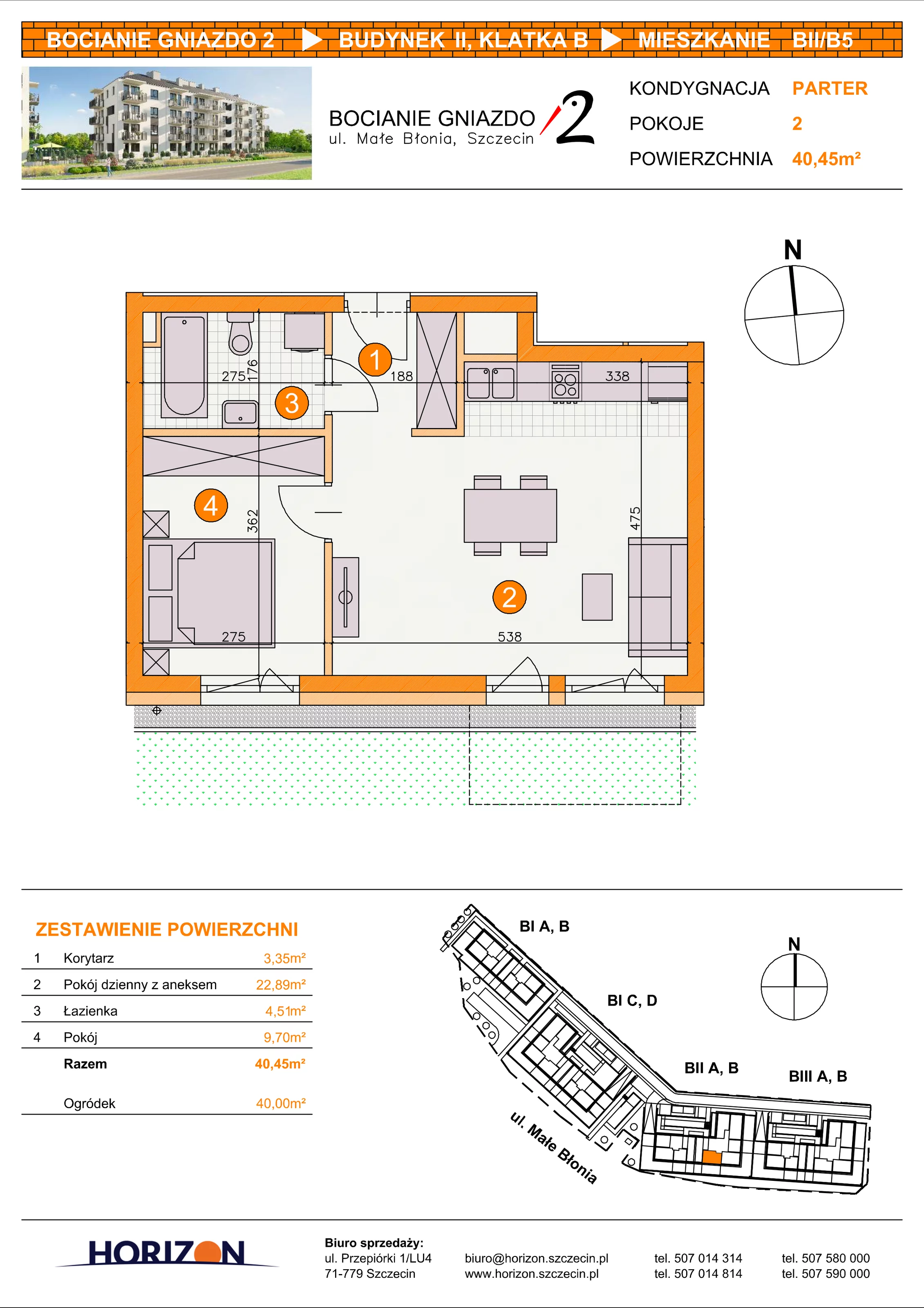 2 pokoje, mieszkanie 40,45 m², parter, oferta nr BII/B5, Bocianie Gniazdo 2, Szczecin, Północ, Żelechowa, ul. Małe Błonia