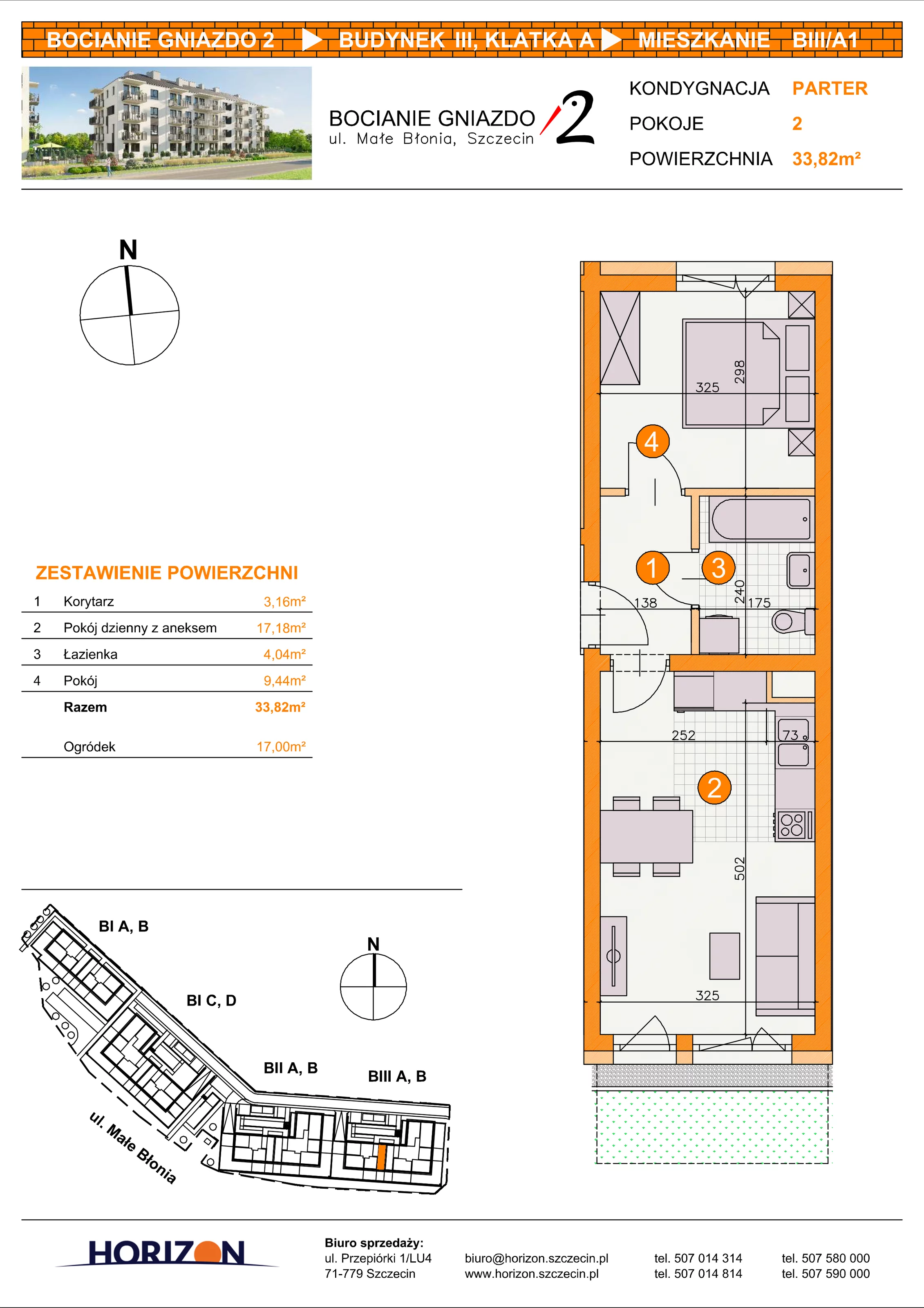 2 pokoje, mieszkanie 33,82 m², parter, oferta nr BIII/A1, Bocianie Gniazdo 2, Szczecin, Północ, Żelechowa, ul. Małe Błonia