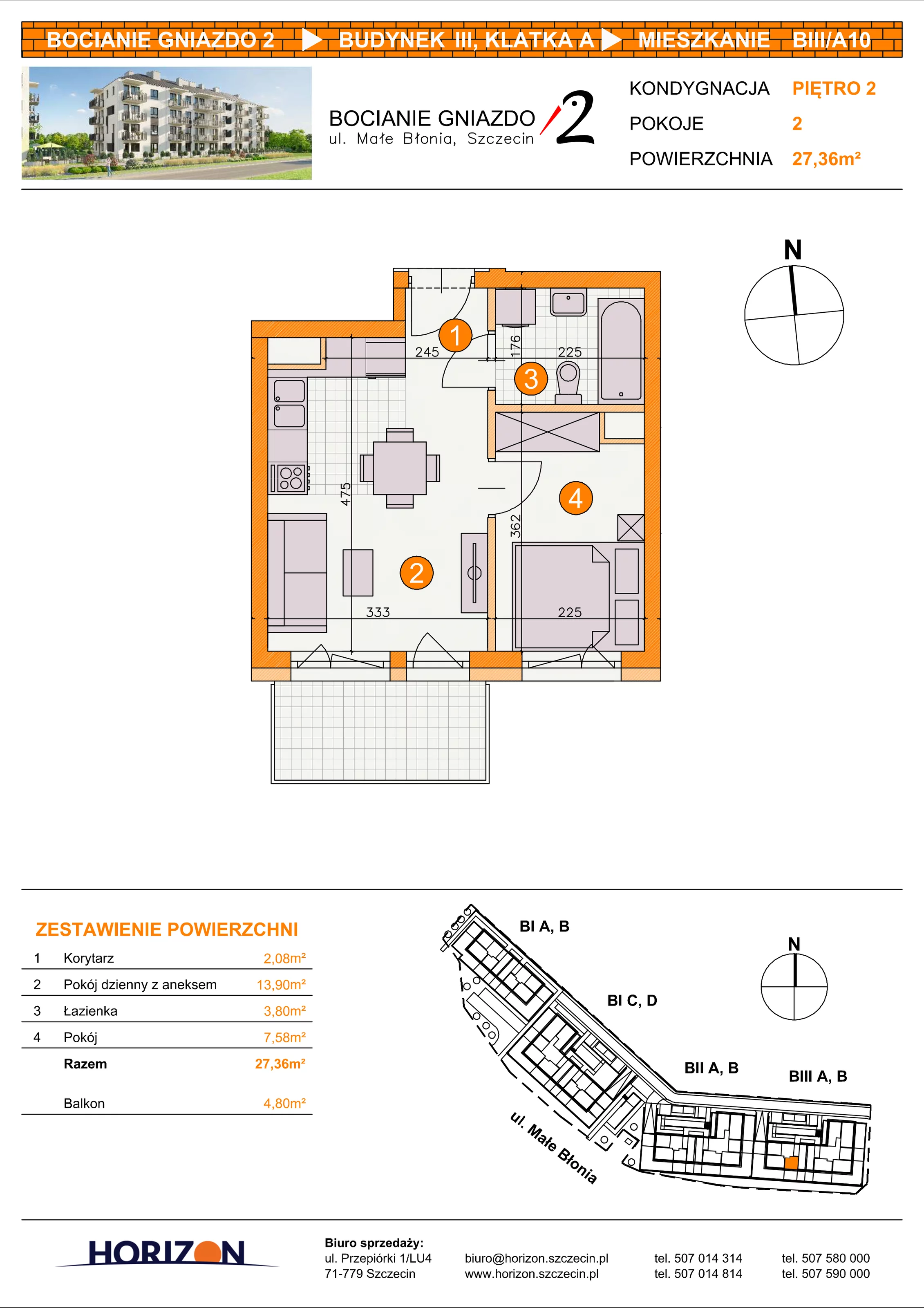 2 pokoje, mieszkanie 27,36 m², piętro 2, oferta nr BIII/A10, Bocianie Gniazdo 2, Szczecin, Północ, Żelechowa, ul. Małe Błonia