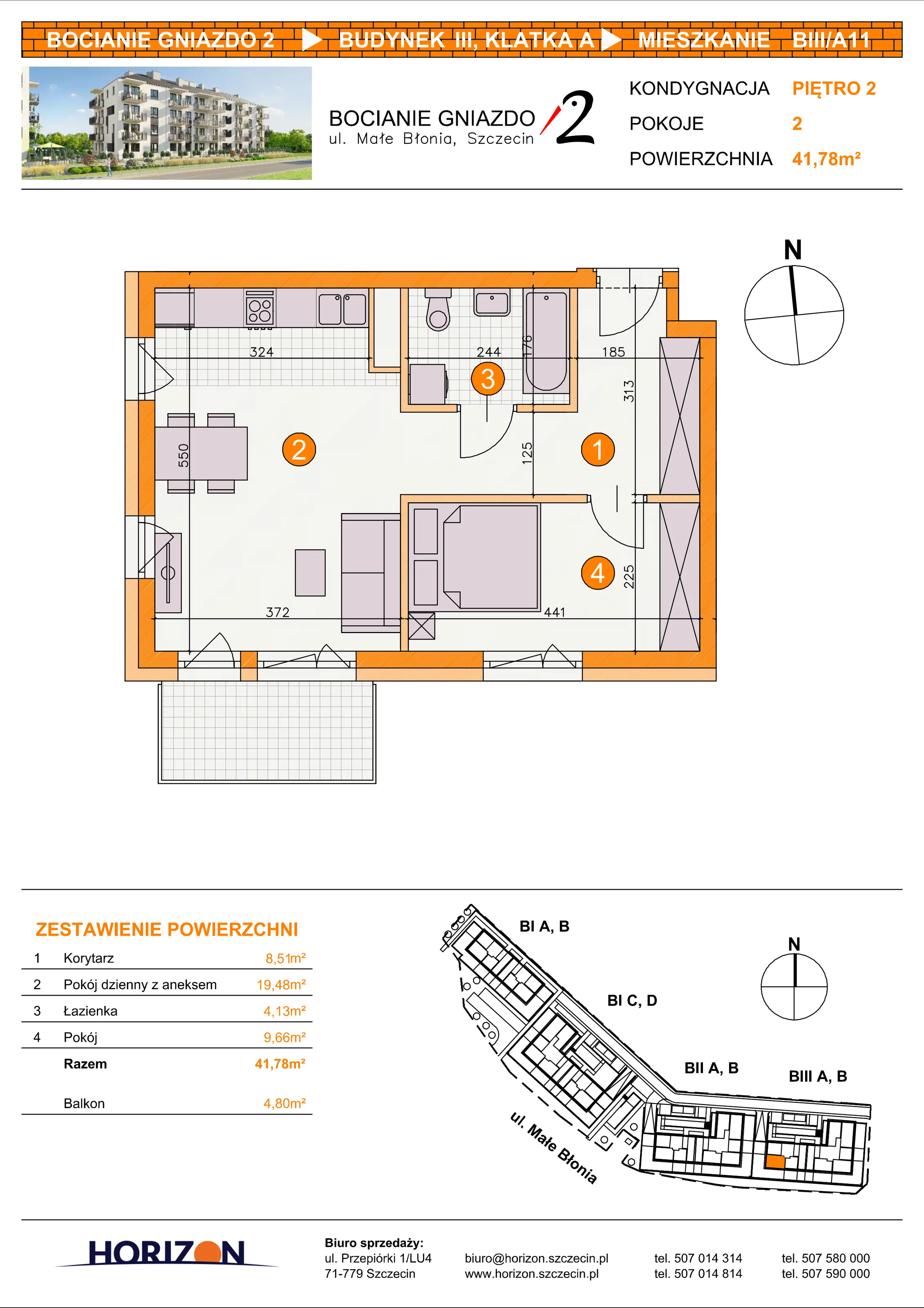 2 pokoje, mieszkanie 41,78 m², piętro 2, oferta nr BIII/A11, Bocianie Gniazdo 2, Szczecin, Północ, Żelechowa, ul. Małe Błonia