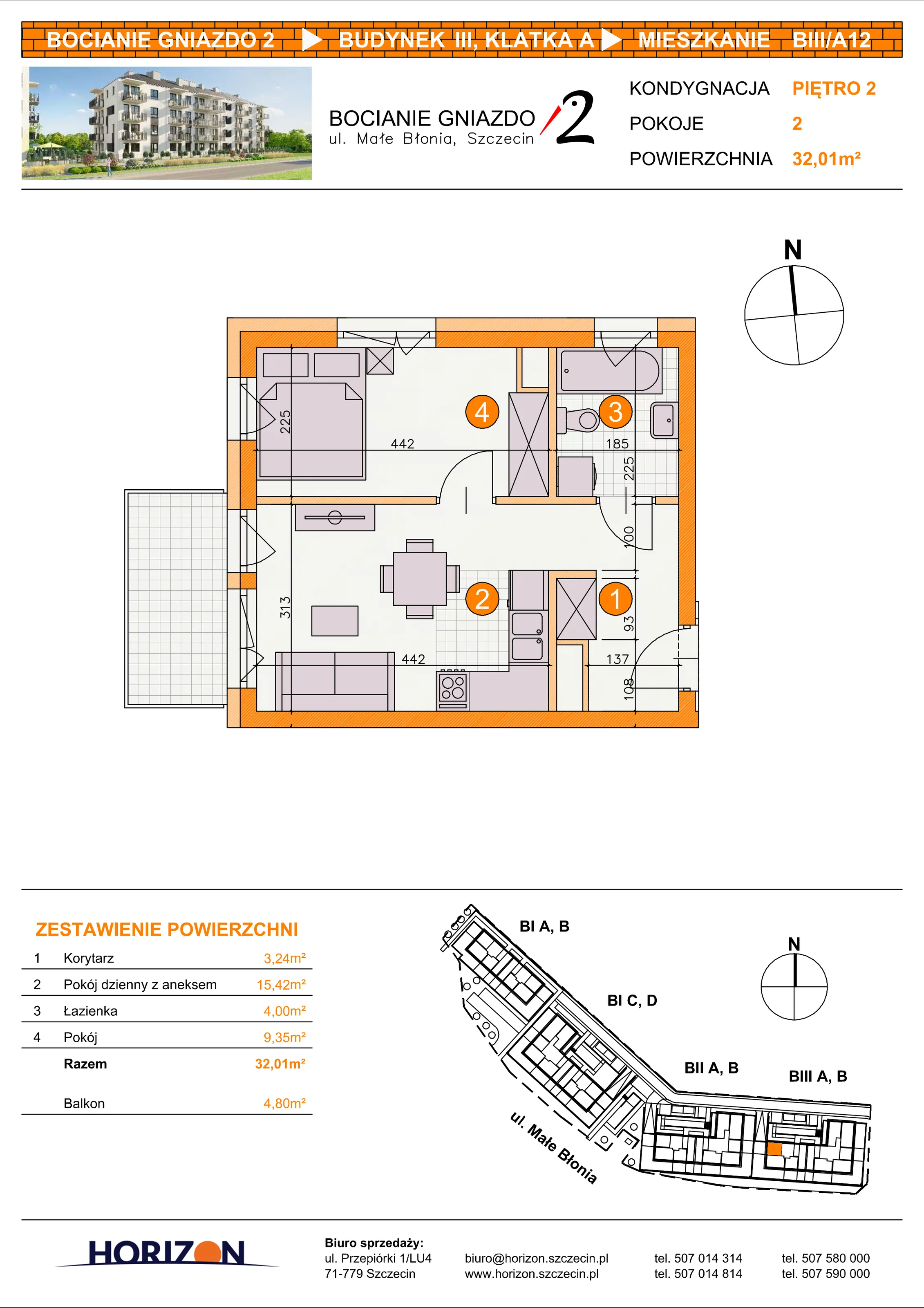 2 pokoje, mieszkanie 32,01 m², piętro 2, oferta nr BIII/A12, Bocianie Gniazdo 2, Szczecin, Północ, Żelechowa, ul. Małe Błonia