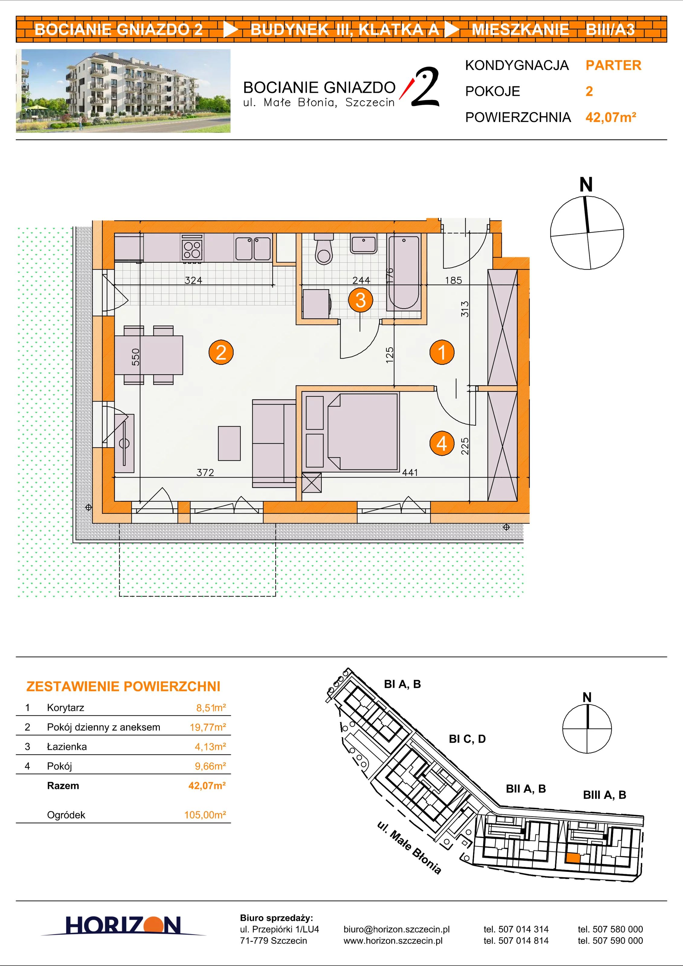 2 pokoje, mieszkanie 42,07 m², parter, oferta nr BIII/A3, Bocianie Gniazdo 2, Szczecin, Północ, Żelechowa, ul. Małe Błonia