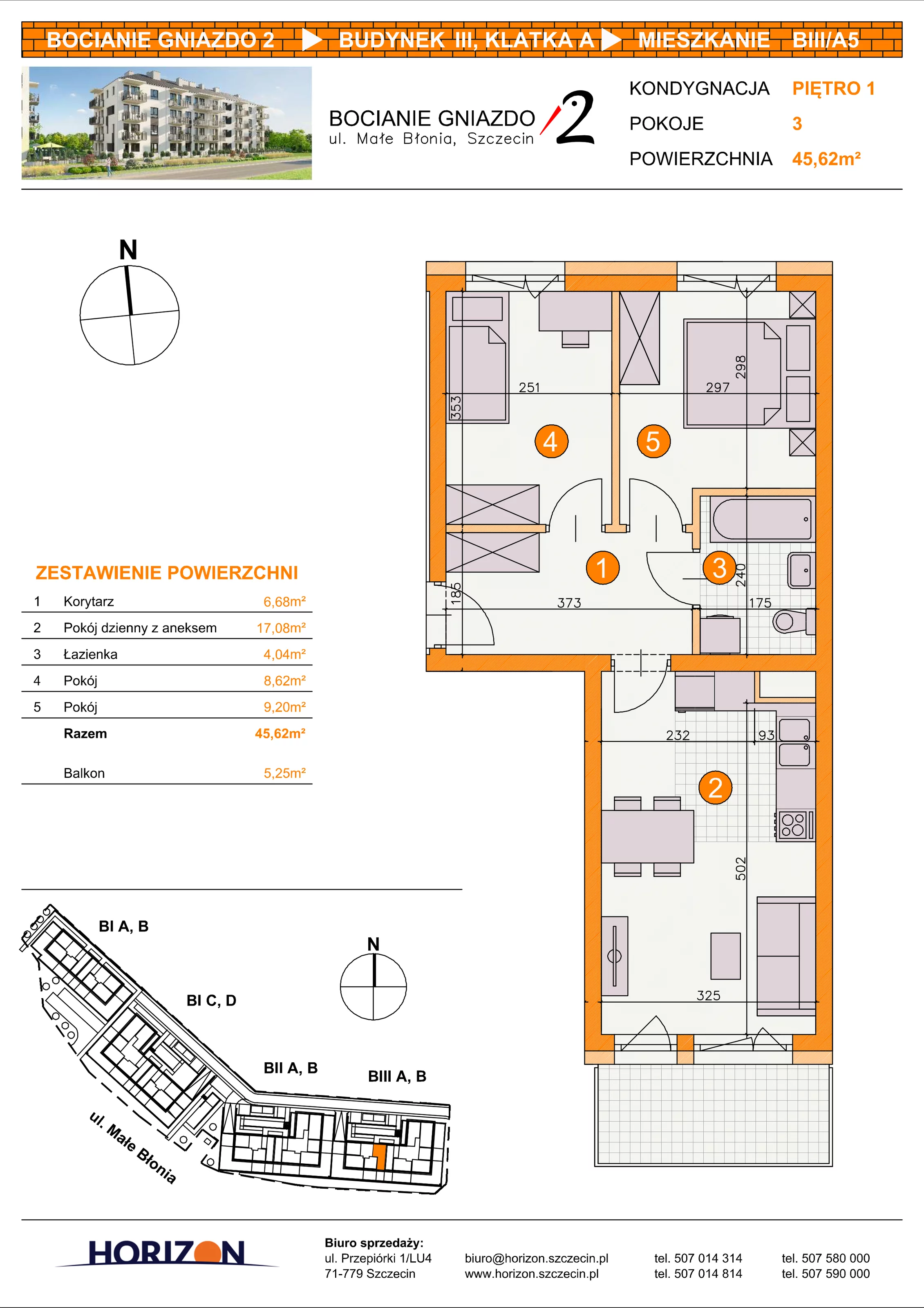 3 pokoje, mieszkanie 45,62 m², piętro 1, oferta nr BIII/A5, Bocianie Gniazdo 2, Szczecin, Północ, Żelechowa, ul. Małe Błonia
