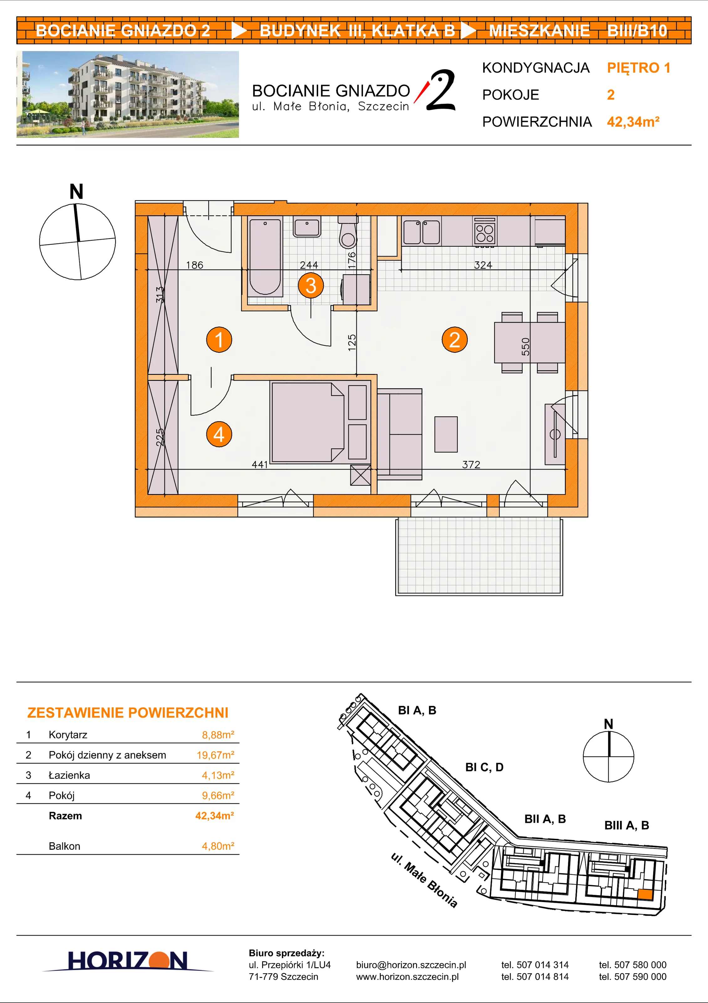 2 pokoje, mieszkanie 42,34 m², piętro 1, oferta nr BIII/B10, Bocianie Gniazdo 2, Szczecin, Północ, Żelechowa, ul. Małe Błonia