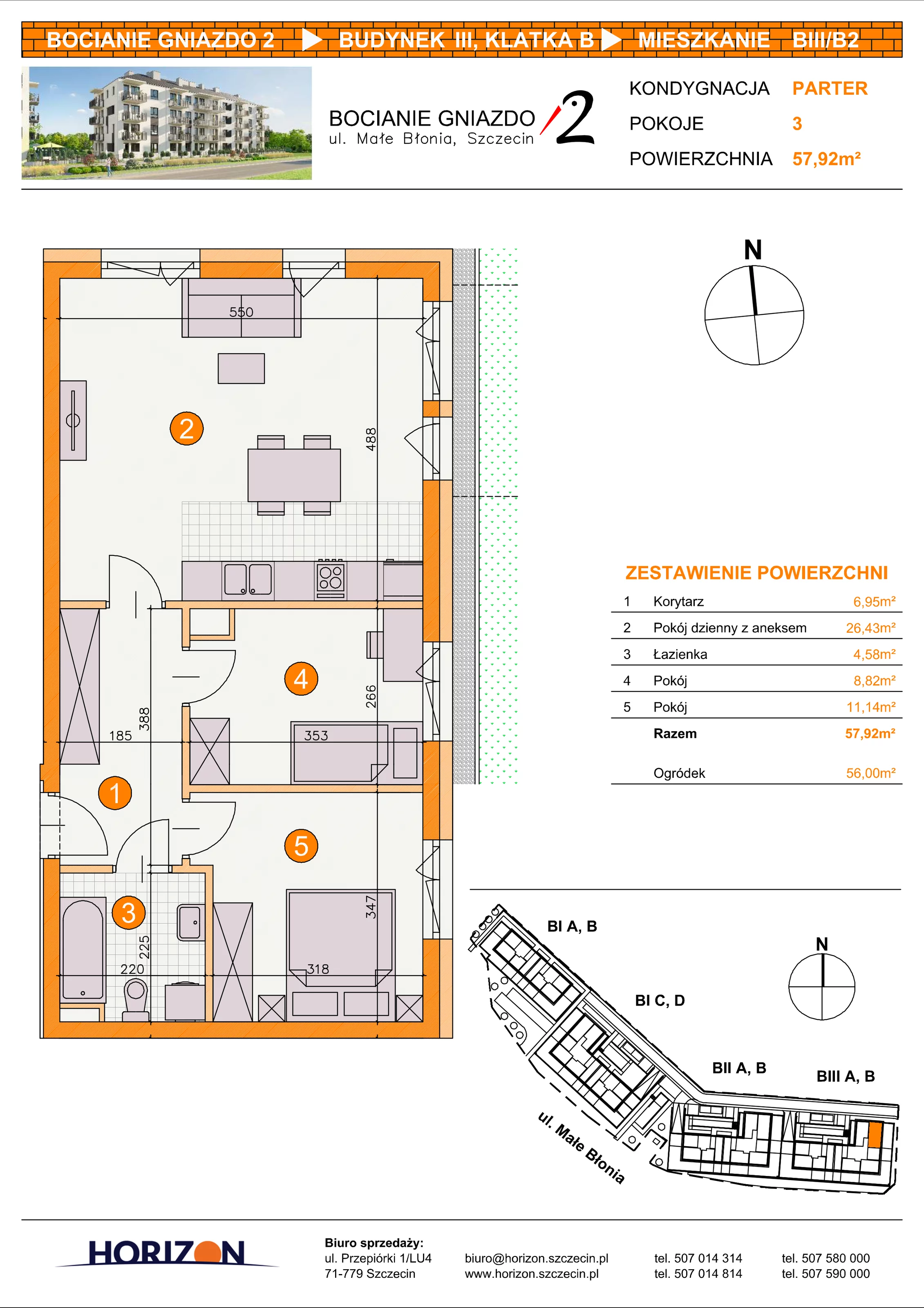 3 pokoje, mieszkanie 57,92 m², parter, oferta nr BIII/B2, Bocianie Gniazdo 2, Szczecin, Północ, Żelechowa, ul. Małe Błonia