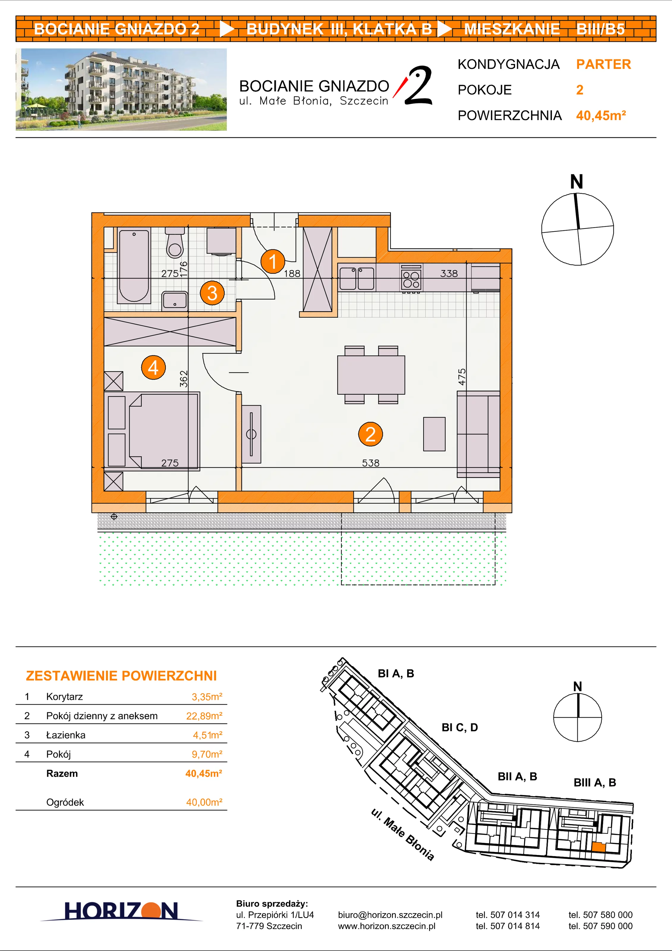 2 pokoje, mieszkanie 40,45 m², parter, oferta nr BIII/B5, Bocianie Gniazdo 2, Szczecin, Północ, Żelechowa, ul. Małe Błonia