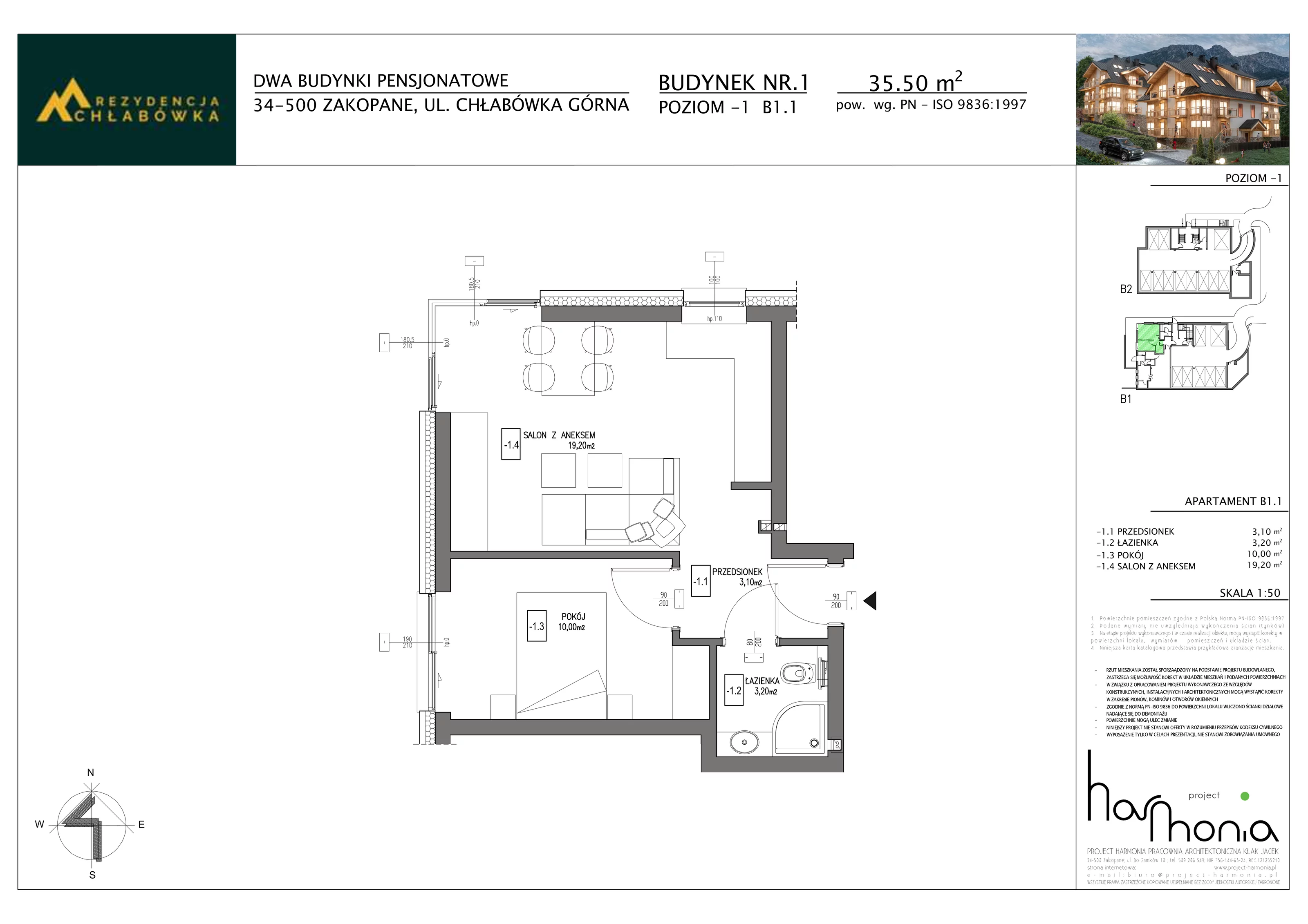 2 pokoje, apartament inwestycyjny 35,50 m², przyziemie, oferta nr B1.1, Rezydencja Chłabówka, Zakopane, ul. Chłabówka Górna