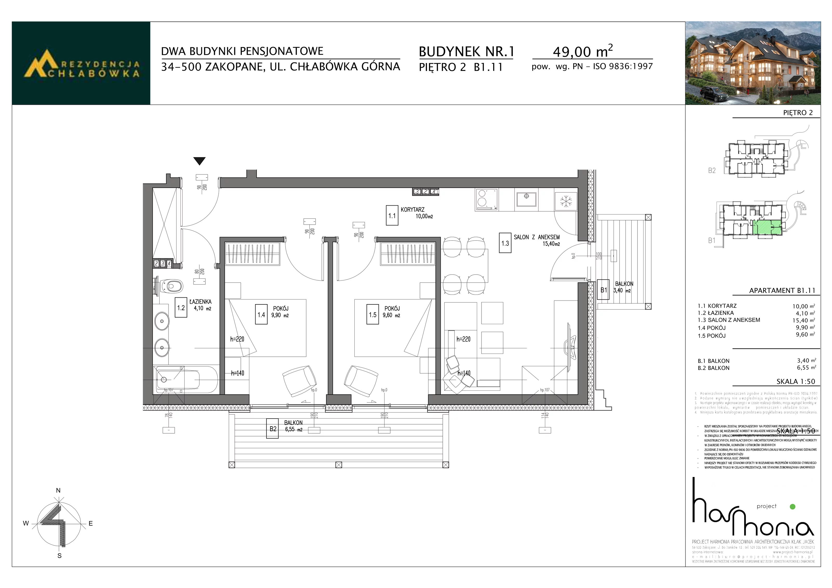 3 pokoje, apartament inwestycyjny 49,00 m², piętro 2, oferta nr B1.11, Rezydencja Chłabówka, Zakopane, ul. Chłabówka Górna