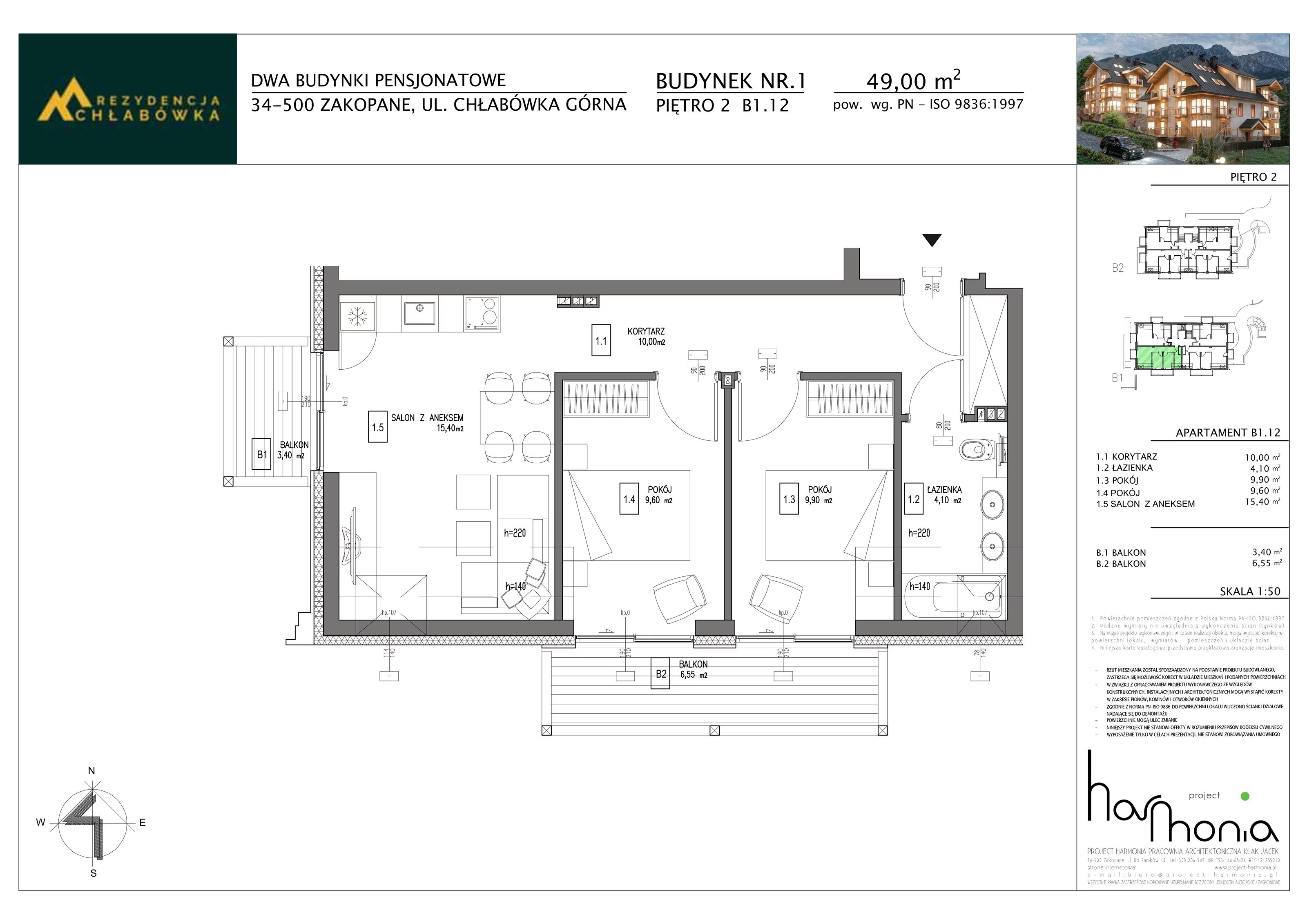 3 pokoje, apartament inwestycyjny 49,00 m², piętro 2, oferta nr B1.12, Rezydencja Chłabówka, Zakopane, ul. Chłabówka Górna