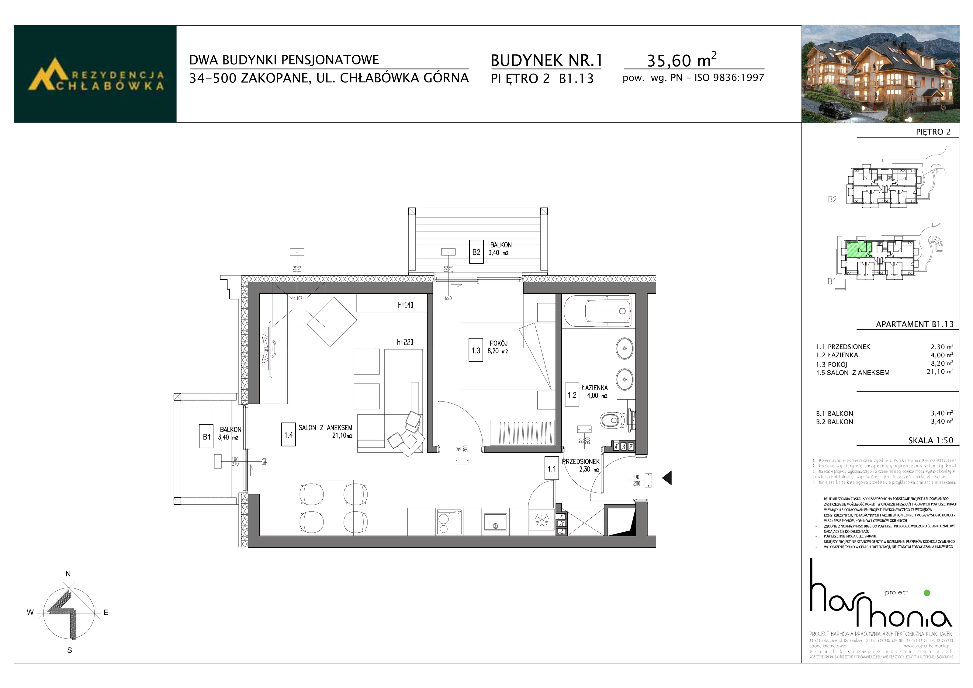 2 pokoje, apartament inwestycyjny 35,60 m², piętro 2, oferta nr B1.13, Rezydencja Chłabówka, Zakopane, ul. Chłabówka Górna