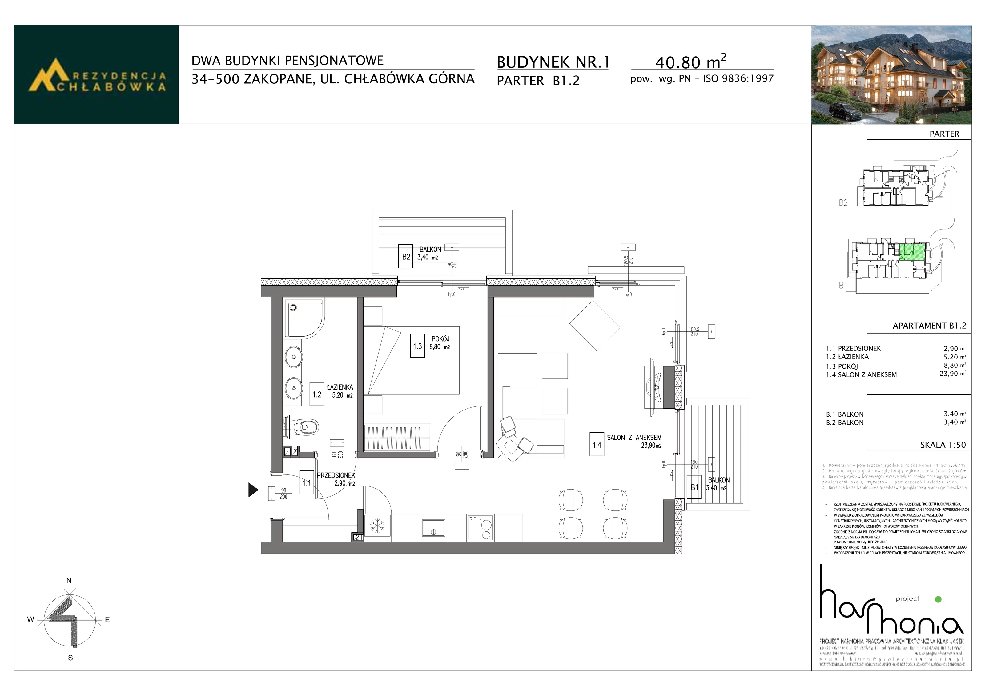 2 pokoje, apartament inwestycyjny 40,80 m², parter, oferta nr B1.2, Rezydencja Chłabówka, Zakopane, ul. Chłabówka Górna