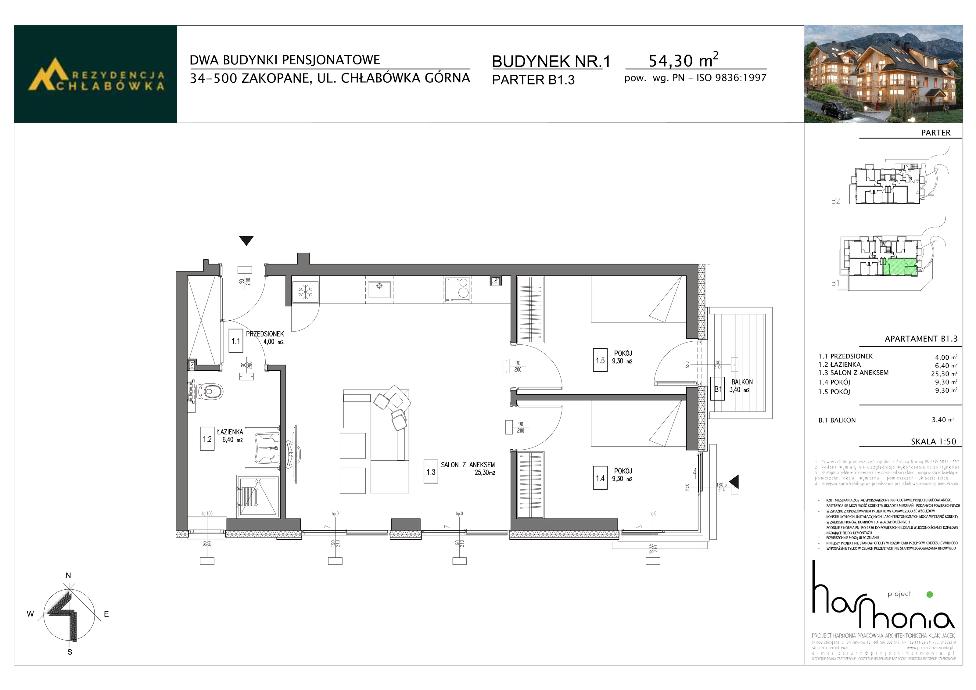 3 pokoje, apartament inwestycyjny 54,30 m², parter, oferta nr B1.3, Rezydencja Chłabówka, Zakopane, ul. Chłabówka Górna