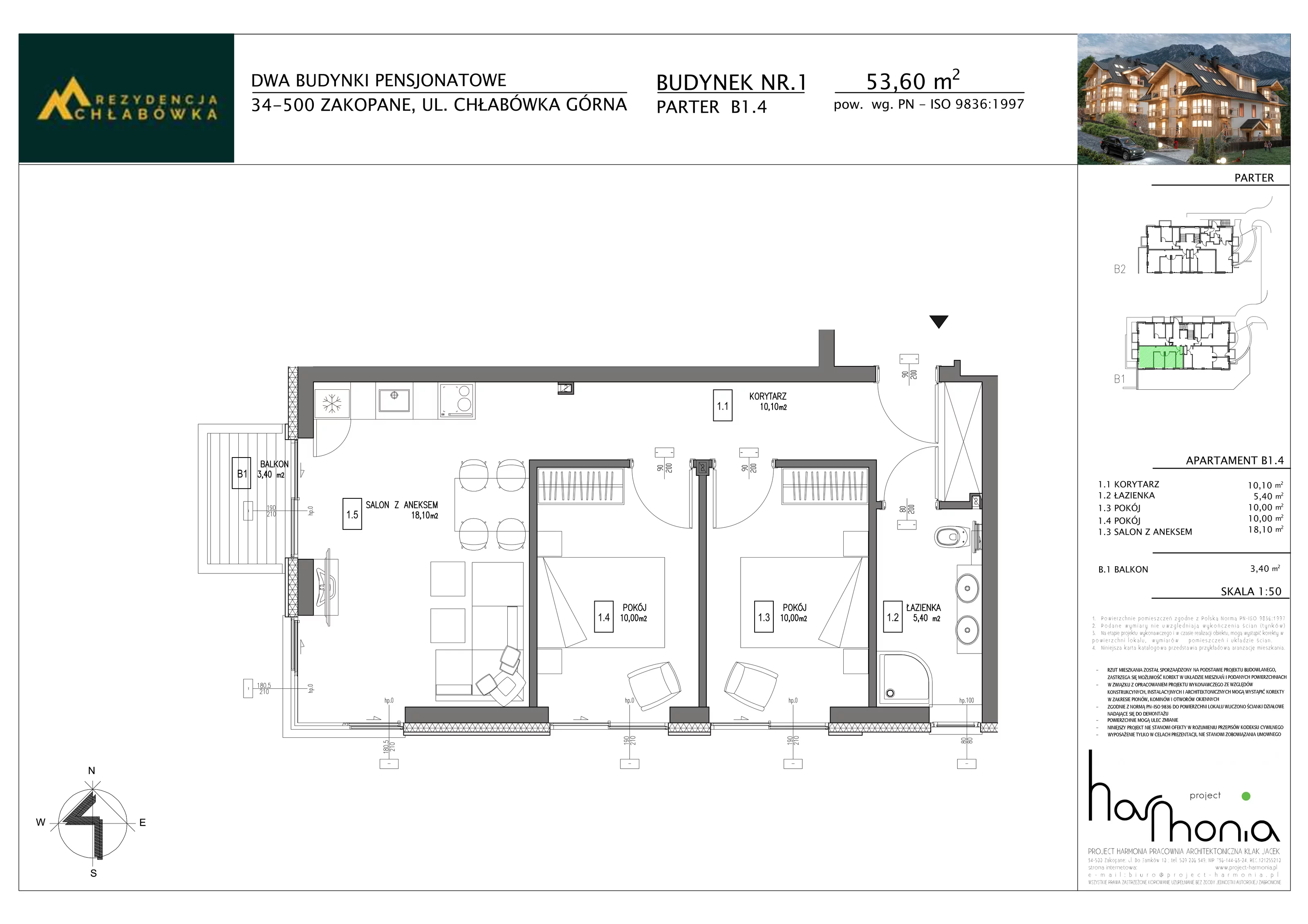 3 pokoje, apartament inwestycyjny 53,60 m², parter, oferta nr B1.4, Rezydencja Chłabówka, Zakopane, ul. Chłabówka Górna