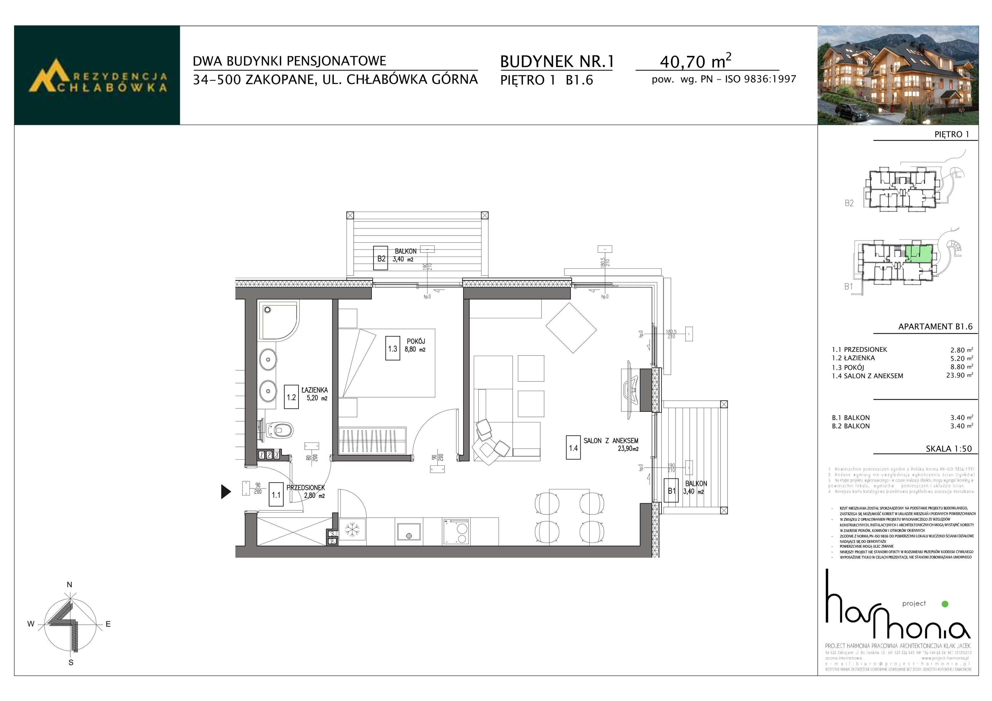 2 pokoje, apartament inwestycyjny 40,70 m², piętro 1, oferta nr B1.6, Rezydencja Chłabówka, Zakopane, ul. Chłabówka Górna