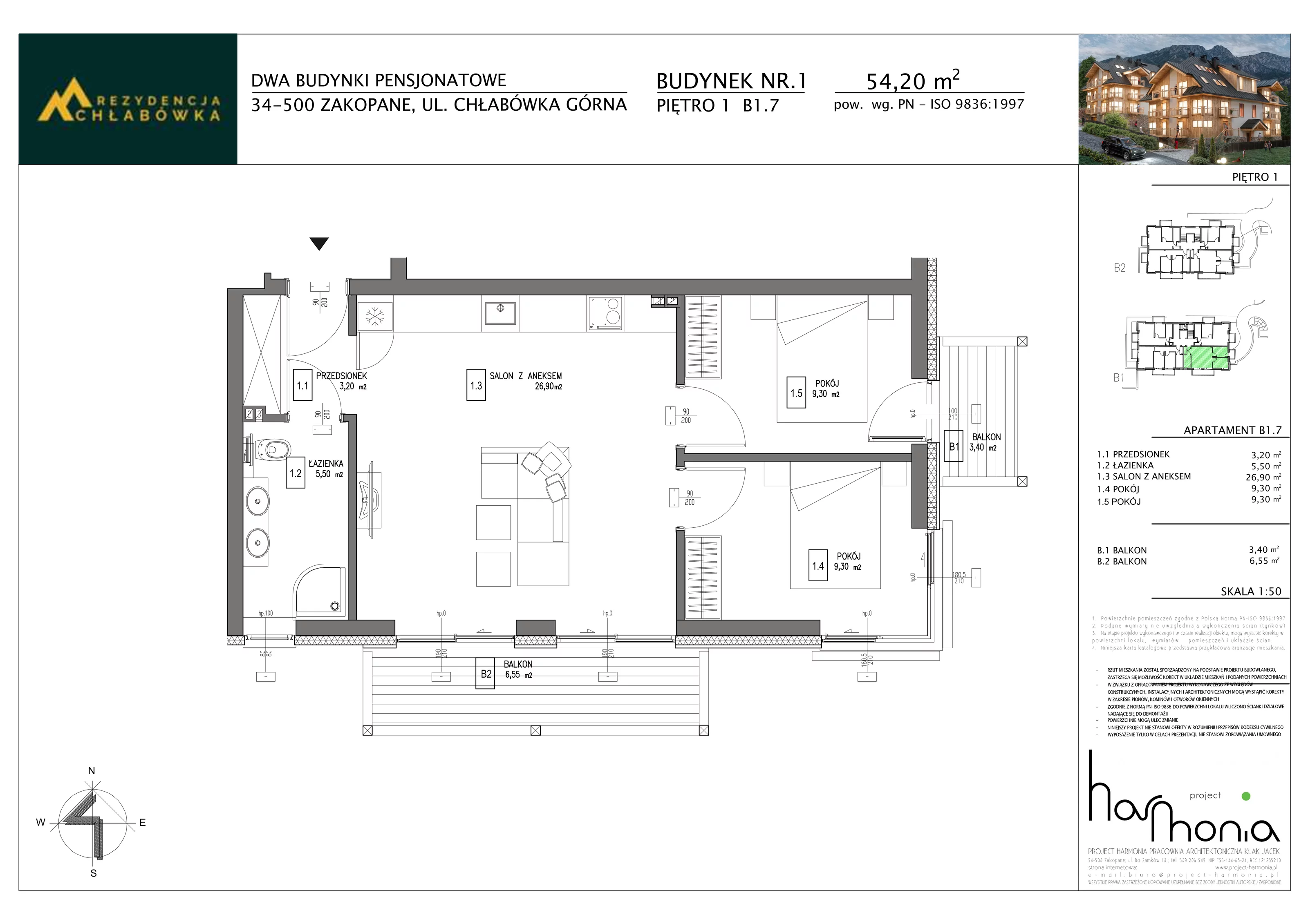 3 pokoje, apartament inwestycyjny 54,20 m², piętro 1, oferta nr B1.7, Rezydencja Chłabówka, Zakopane, ul. Chłabówka Górna