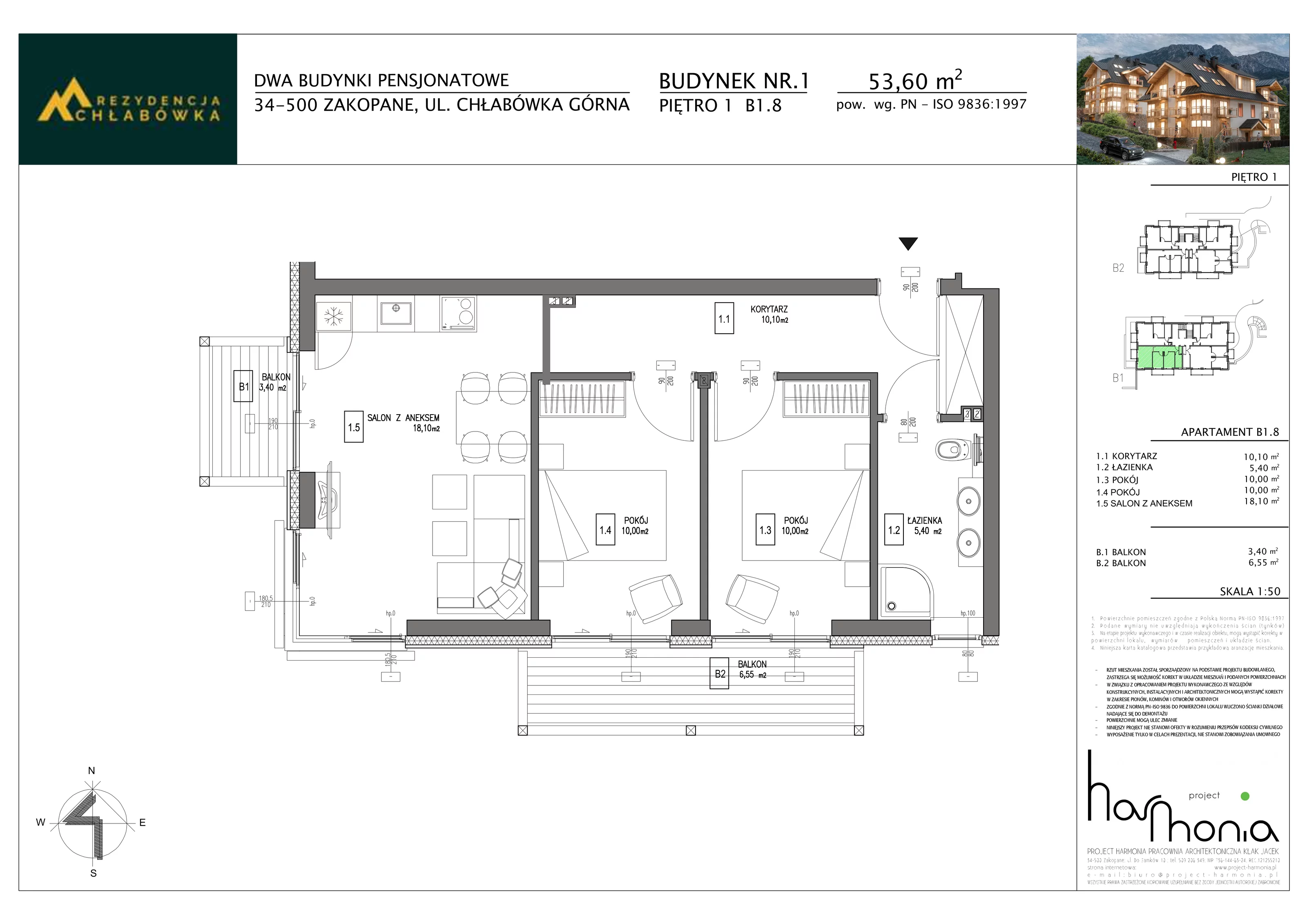 3 pokoje, apartament inwestycyjny 53,60 m², piętro 1, oferta nr B1.8, Rezydencja Chłabówka, Zakopane, ul. Chłabówka Górna