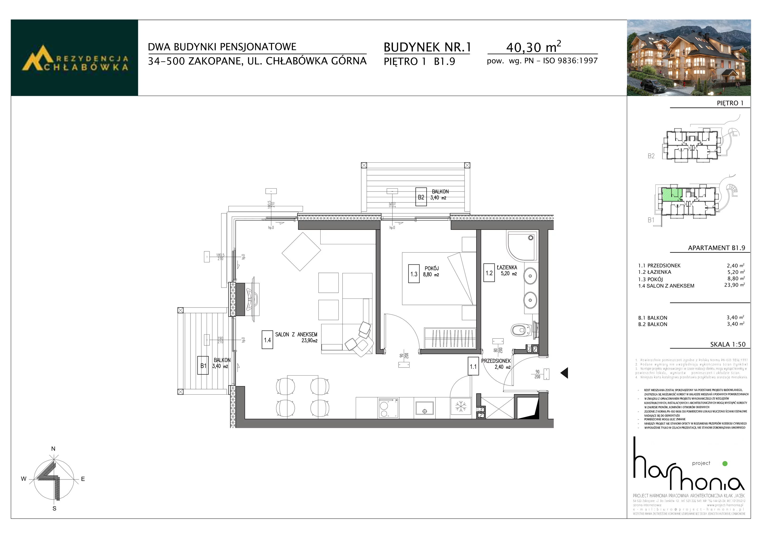 2 pokoje, apartament inwestycyjny 40,30 m², piętro 1, oferta nr B1.9, Rezydencja Chłabówka, Zakopane, ul. Chłabówka Górna