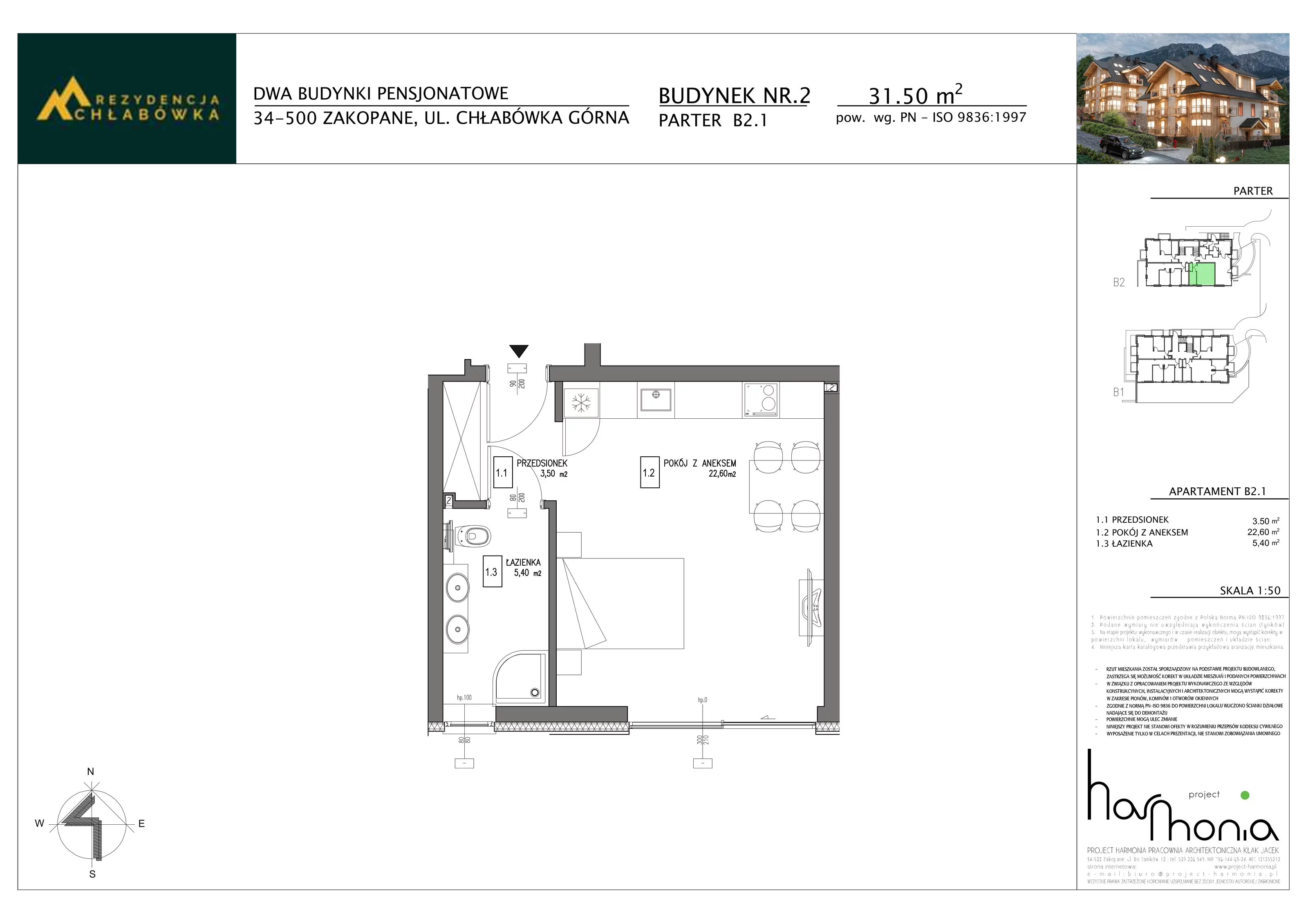 1 pokój, apartament inwestycyjny 31,50 m², parter, oferta nr B2.1, Rezydencja Chłabówka, Zakopane, ul. Chłabówka Górna