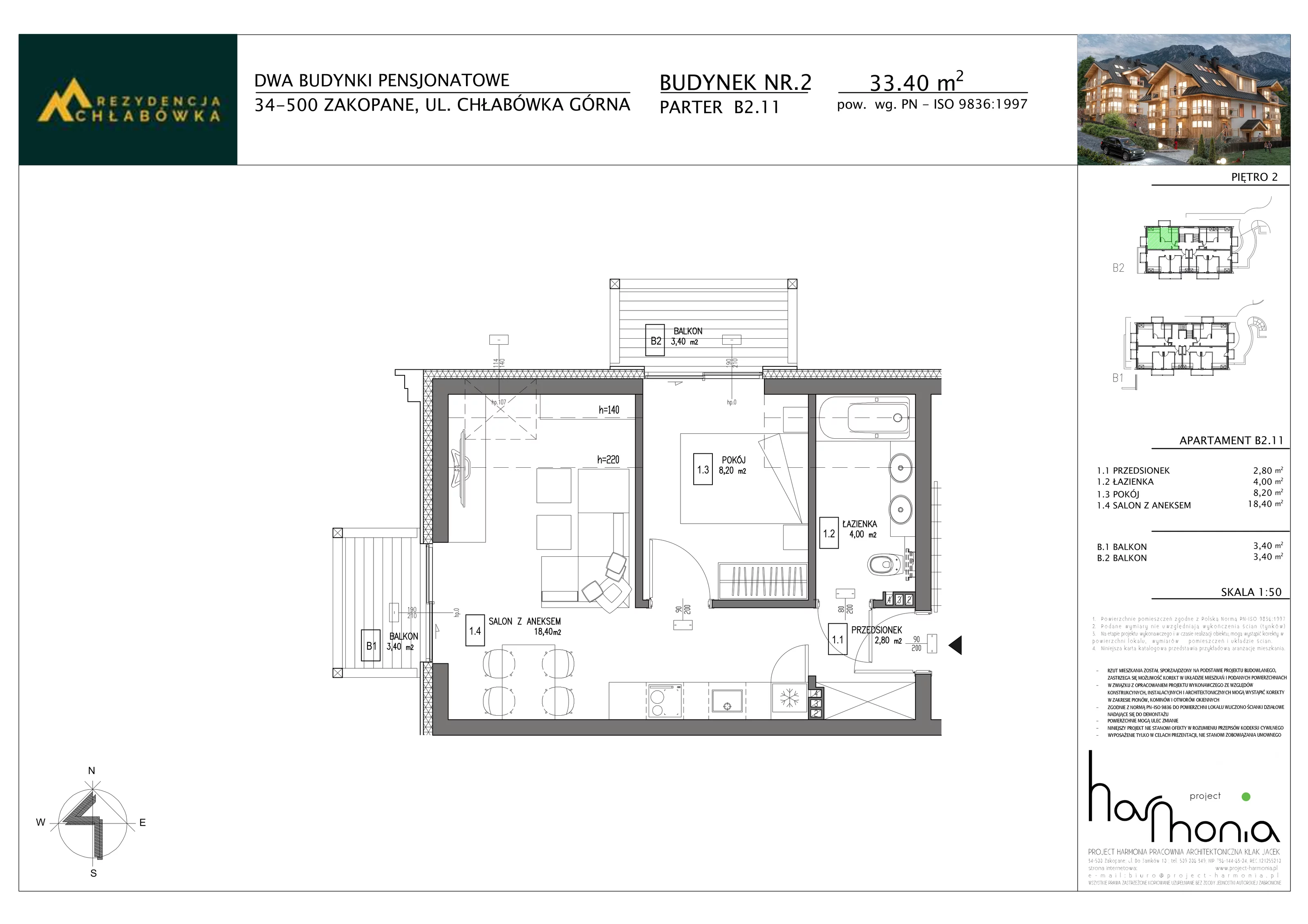 2 pokoje, apartament inwestycyjny 33,40 m², piętro 2, oferta nr B2.11, Rezydencja Chłabówka, Zakopane, ul. Chłabówka Górna