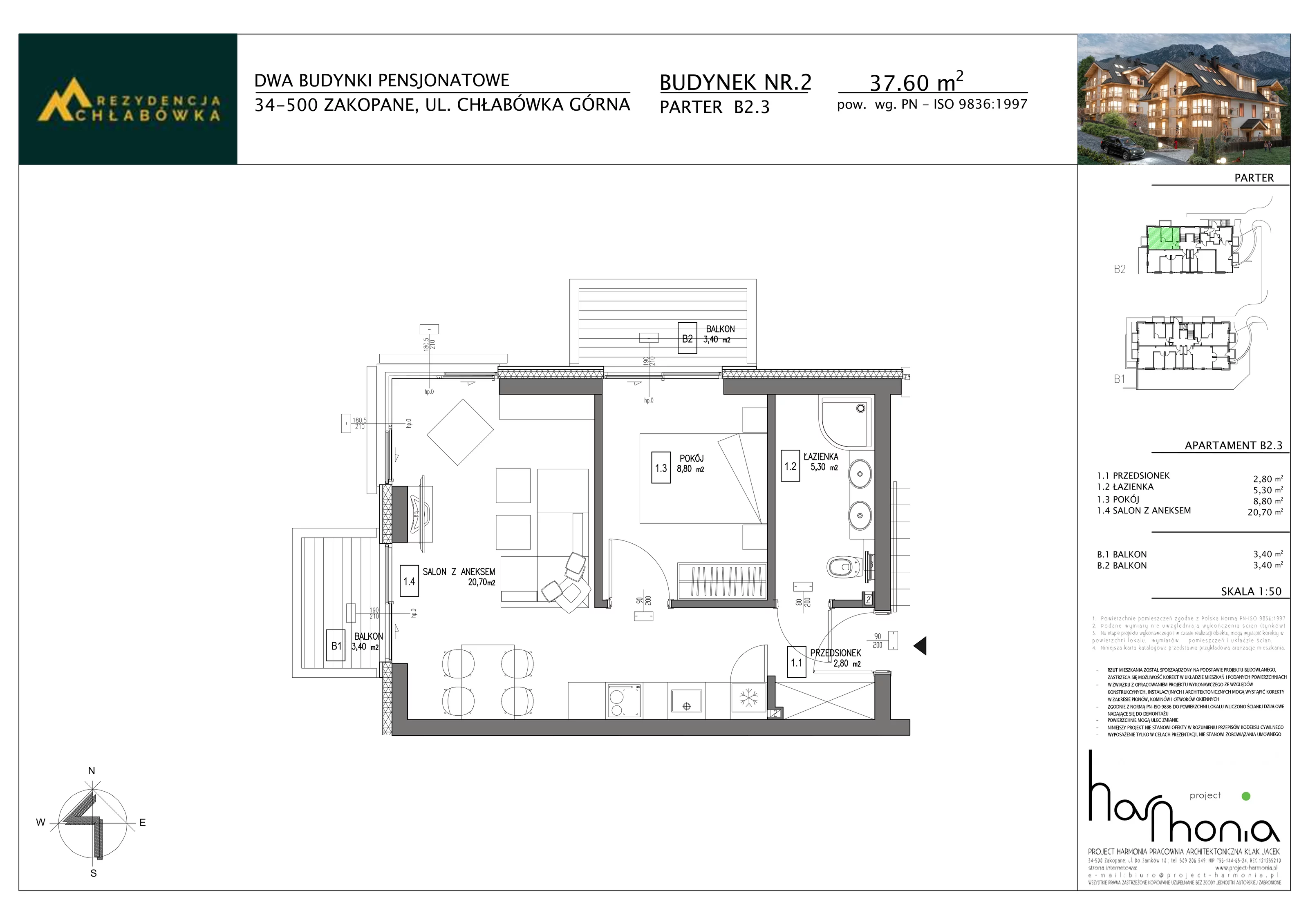 2 pokoje, apartament inwestycyjny 37,70 m², parter, oferta nr B2.3, Rezydencja Chłabówka, Zakopane, ul. Chłabówka Górna