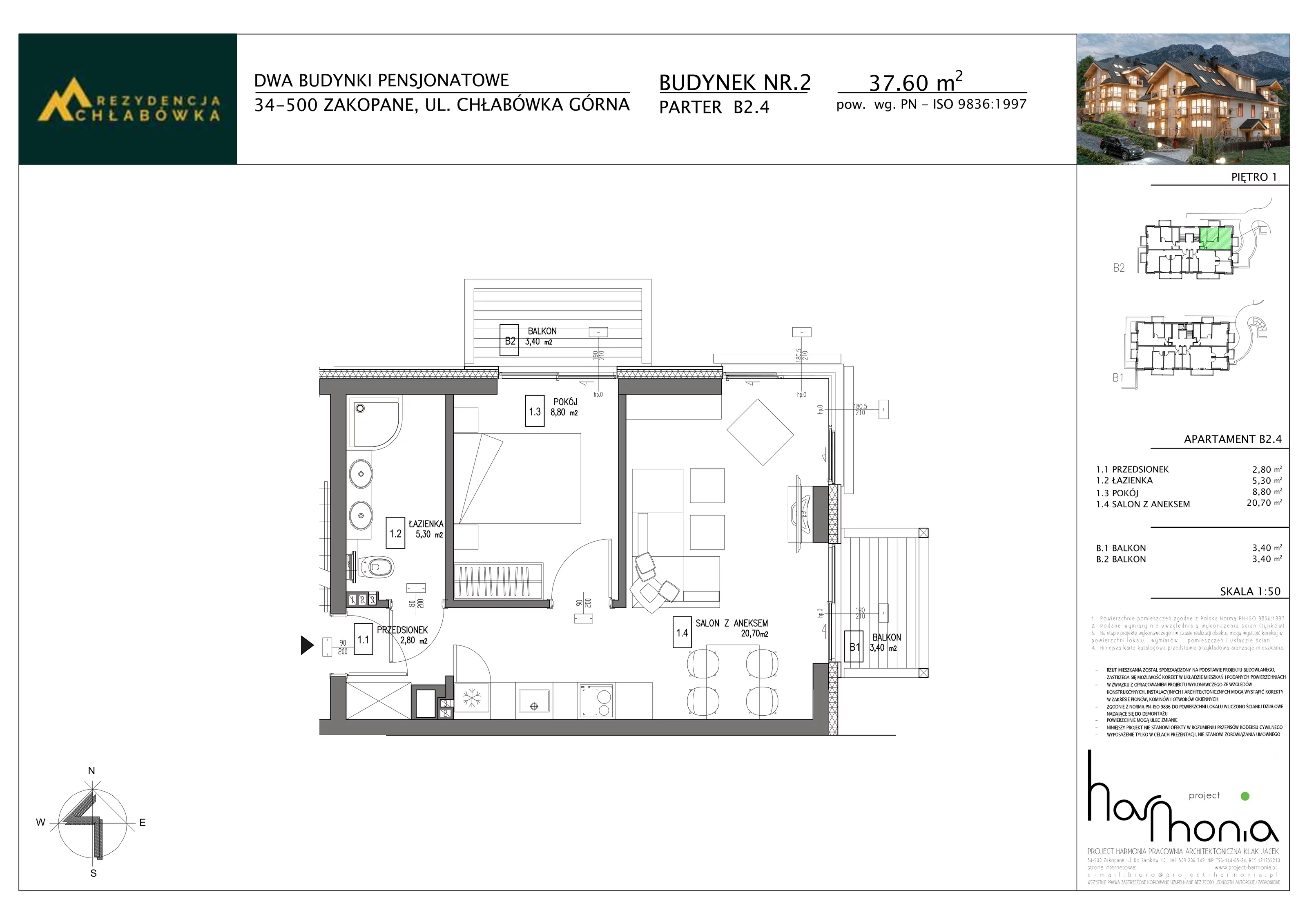 2 pokoje, apartament inwestycyjny 37,50 m², piętro 1, oferta nr B2.4, Rezydencja Chłabówka, Zakopane, ul. Chłabówka Górna