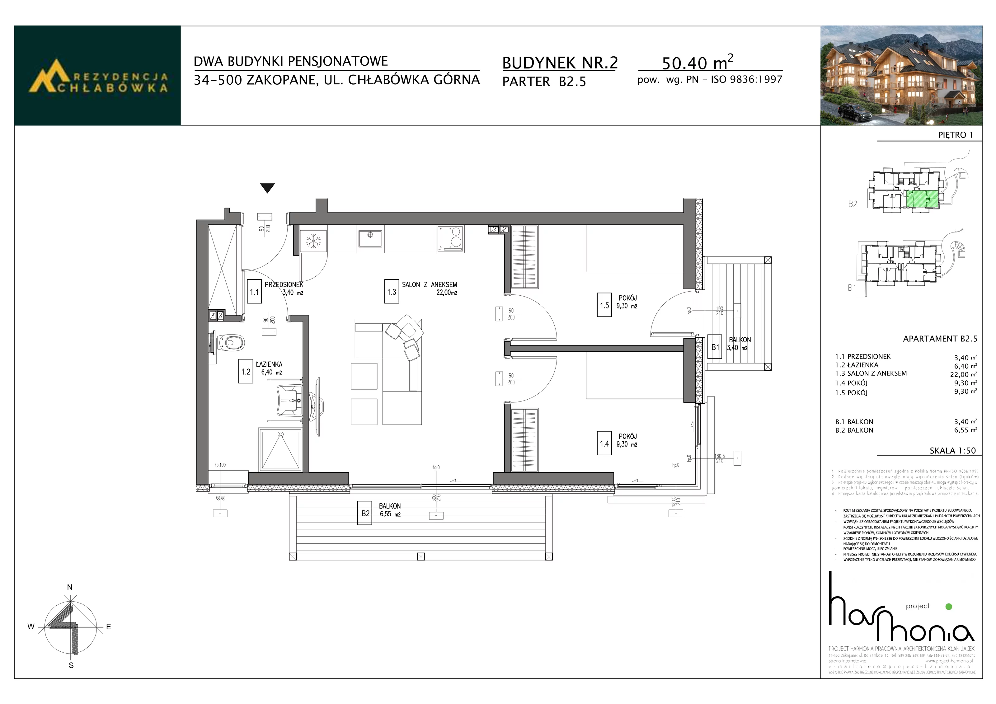 3 pokoje, apartament inwestycyjny 50,40 m², piętro 1, oferta nr B2.5, Rezydencja Chłabówka, Zakopane, ul. Chłabówka Górna