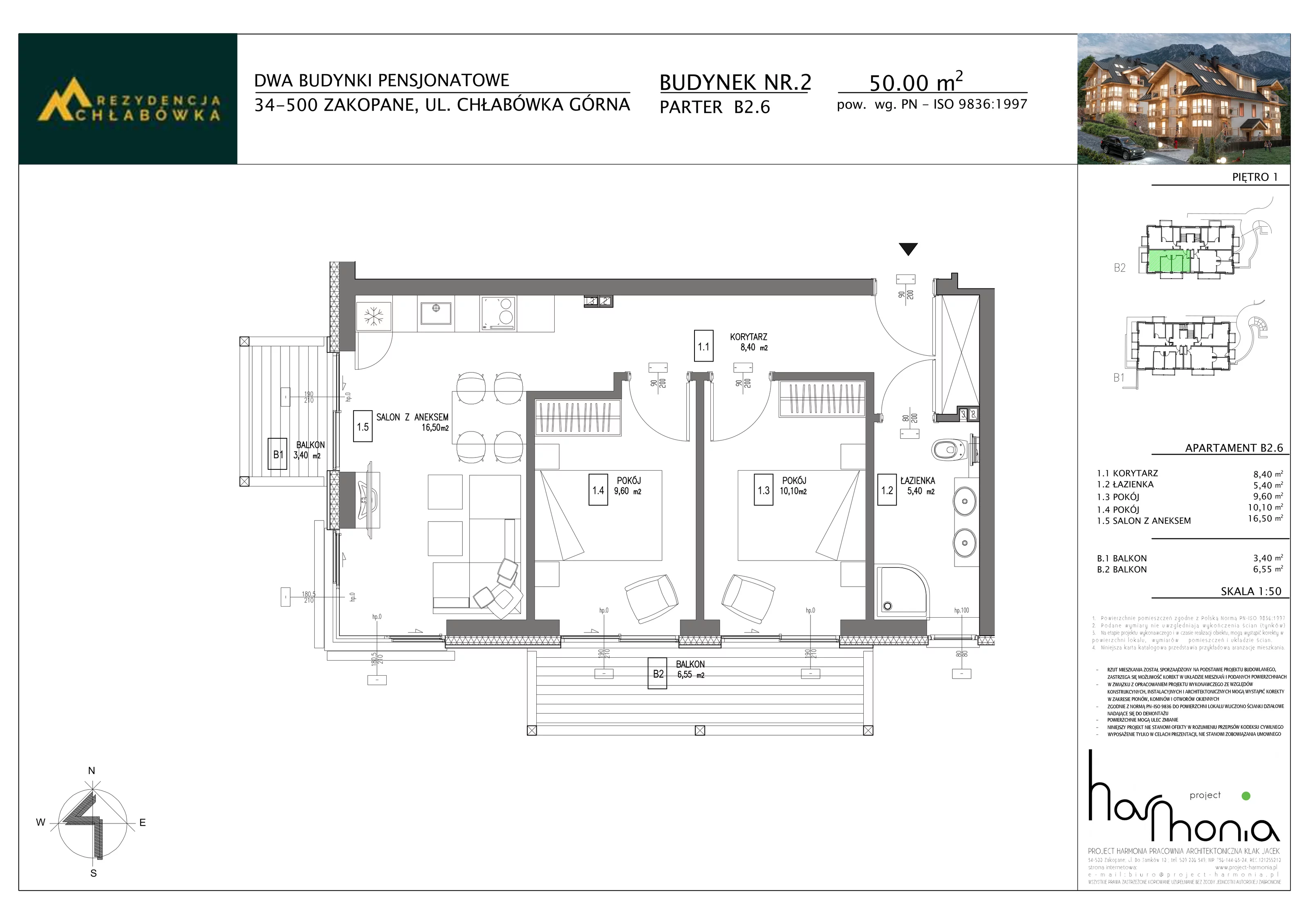 3 pokoje, apartament inwestycyjny 50,00 m², piętro 1, oferta nr B2.6, Rezydencja Chłabówka, Zakopane, ul. Chłabówka Górna