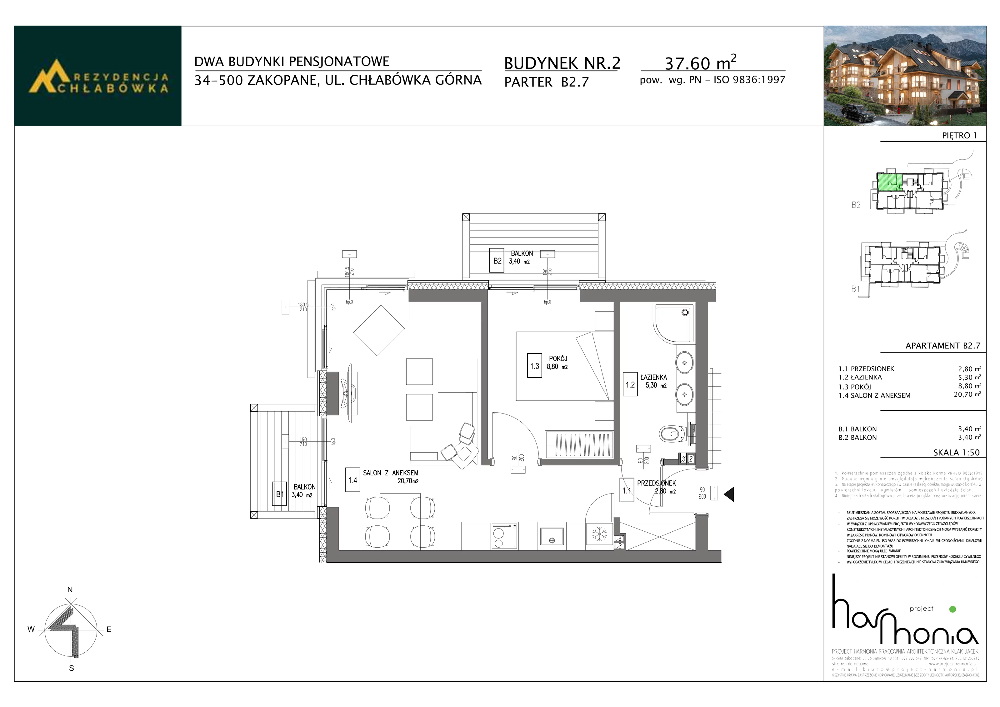 2 pokoje, apartament inwestycyjny 37,60 m², piętro 1, oferta nr B2.7, Rezydencja Chłabówka, Zakopane, ul. Chłabówka Górna