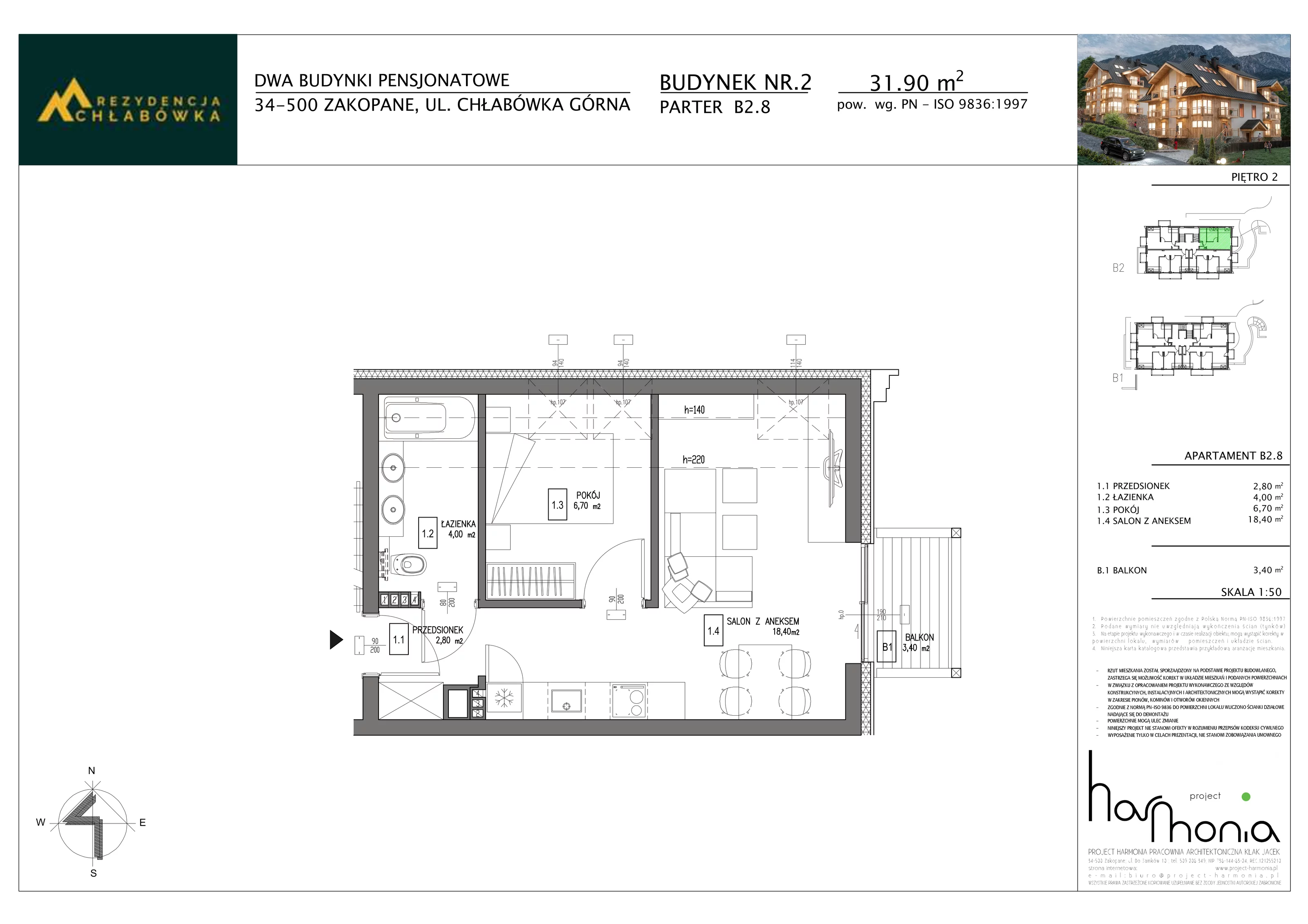 2 pokoje, apartament inwestycyjny 31,90 m², piętro 2, oferta nr B2.8, Rezydencja Chłabówka, Zakopane, ul. Chłabówka Górna