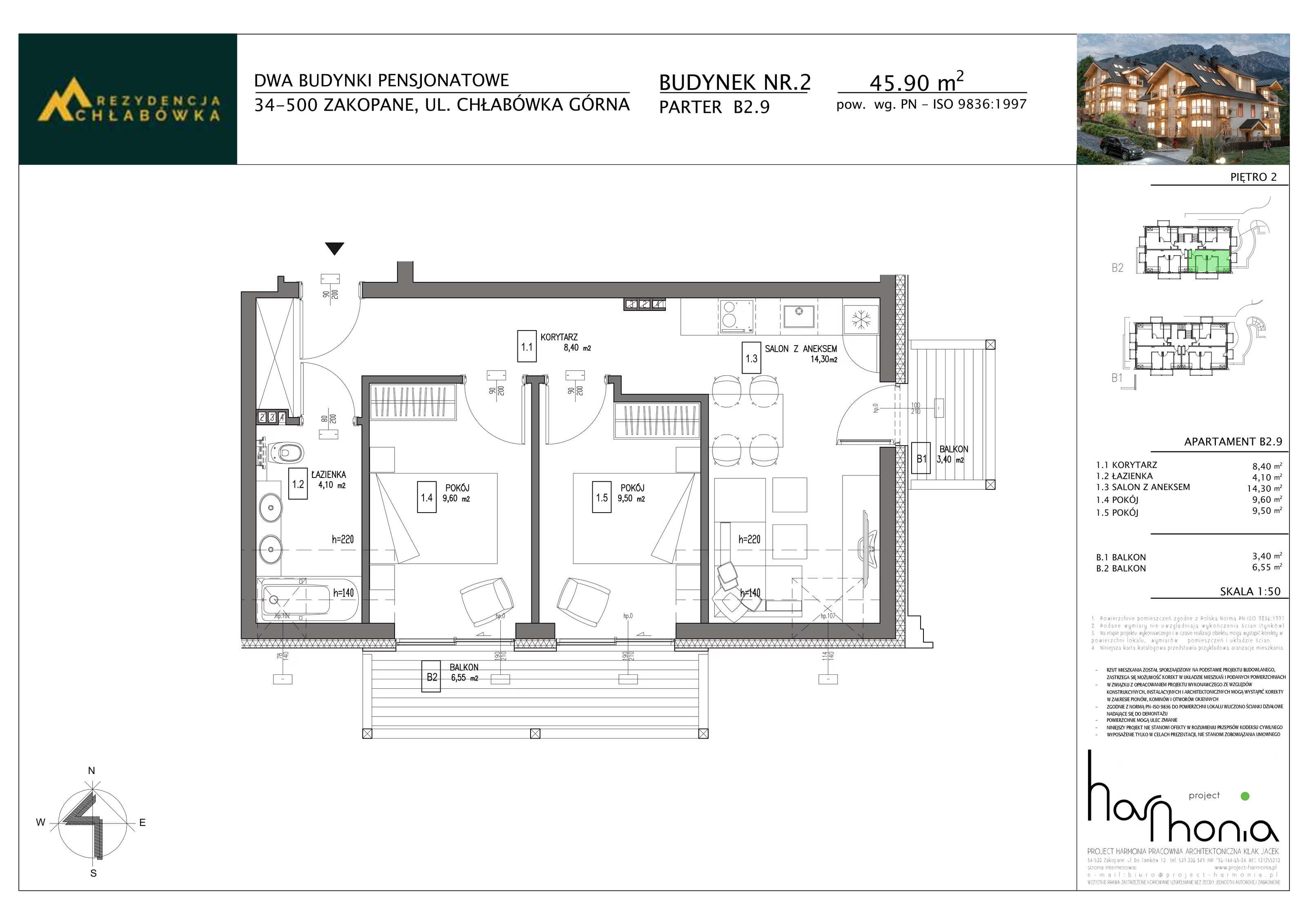 3 pokoje, apartament inwestycyjny 45,90 m², piętro 2, oferta nr B2.9, Rezydencja Chłabówka, Zakopane, ul. Chłabówka Górna